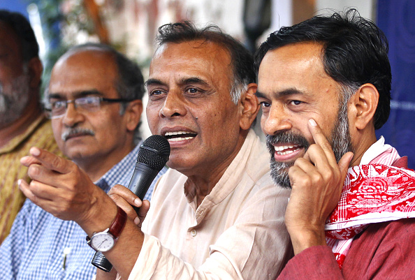 Dissident AAP leaders, from left, Prashant Bhushan, Anand Kumar and Yogendra Yadav addressing a press conference at the Press Club of India in New Delhi on April 15, 2015