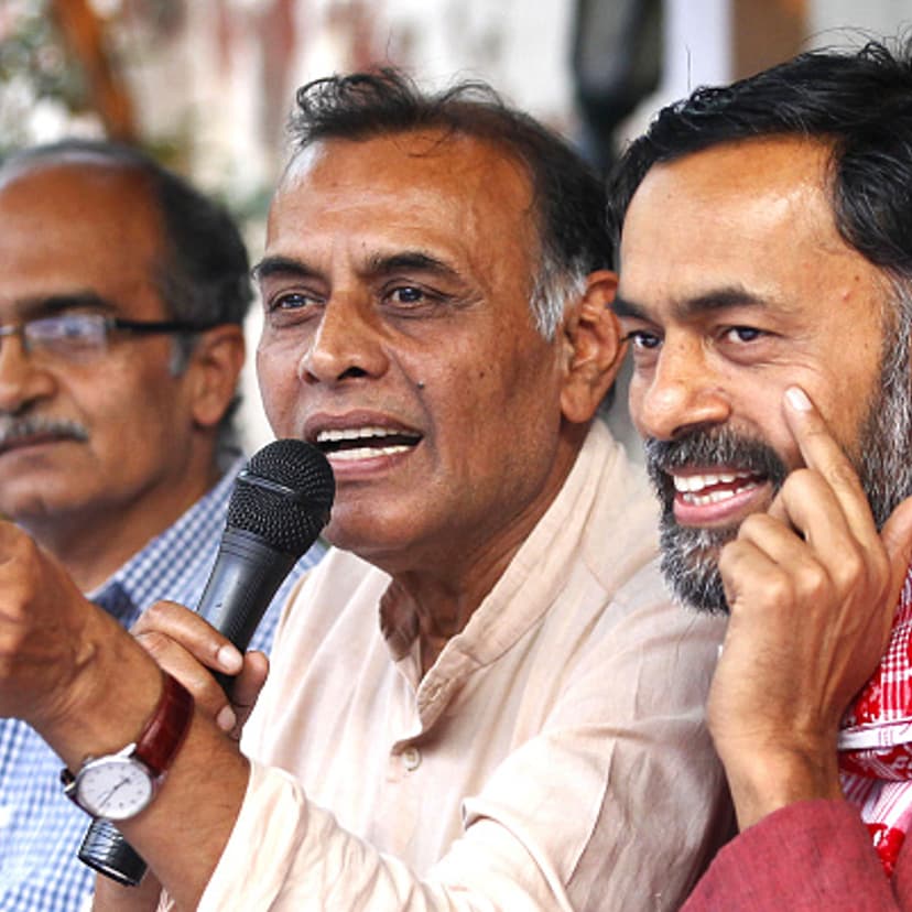 Dissident AAP leaders, from left, Prashant Bhushan, Anand Kumar and Yogendra Yadav addressing a press conference at the Press Club of India in New Delhi on April 15, 2015