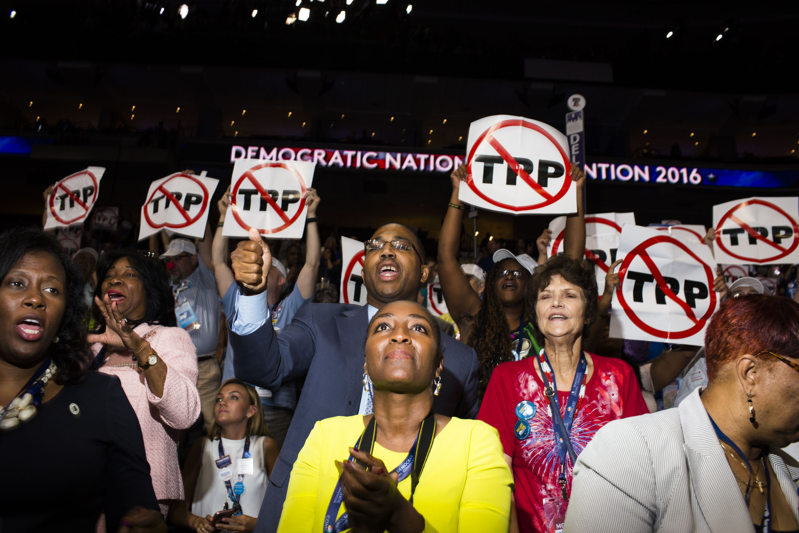 Delegates chant "No TPP" at the 2016 Democratic National Convention in Philadelphia on Monday, July 25, 2016.