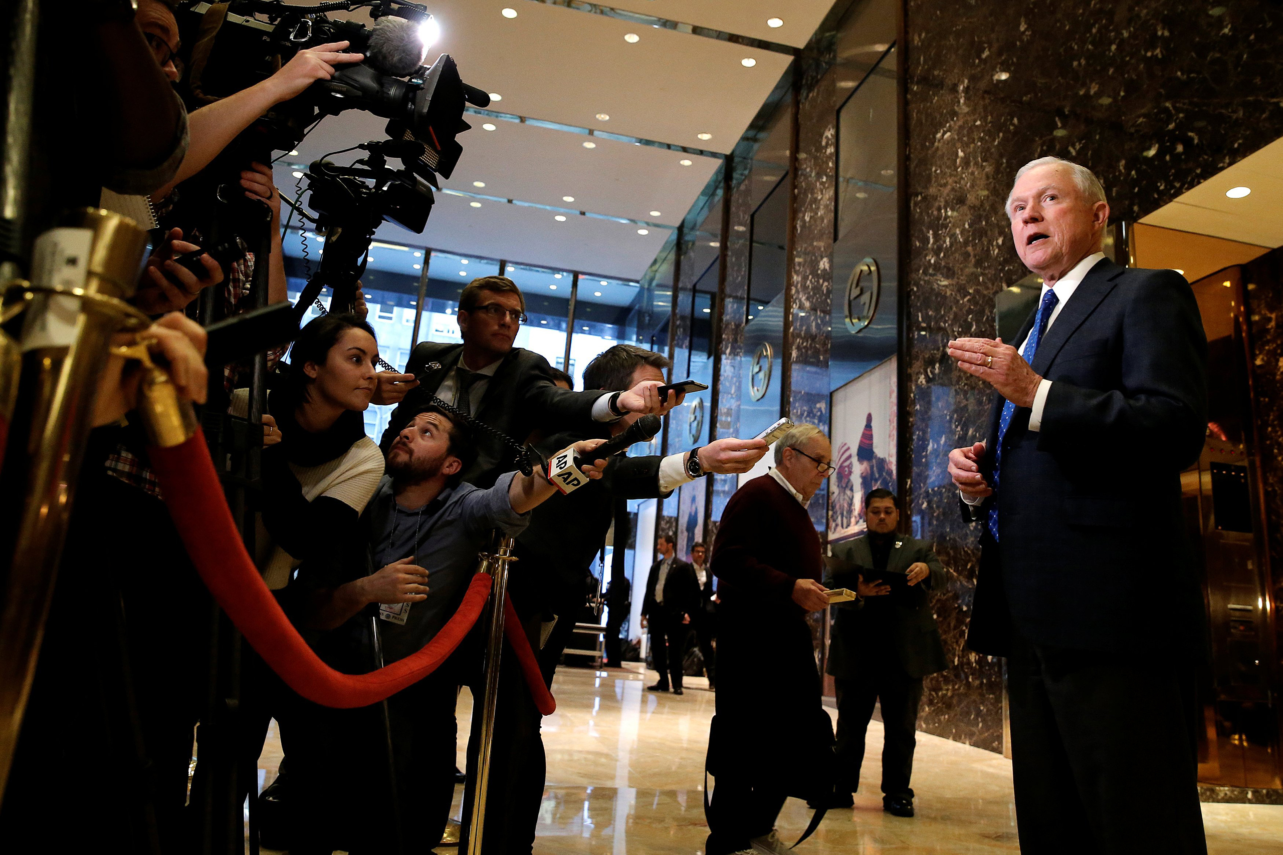U.S. Senator Jeff Sessions (R-AL), an advisor to U.S. President Elect Donald Trump, speaks to members of the media in the lobby of Trump Tower in the Manhattan borough of New York City