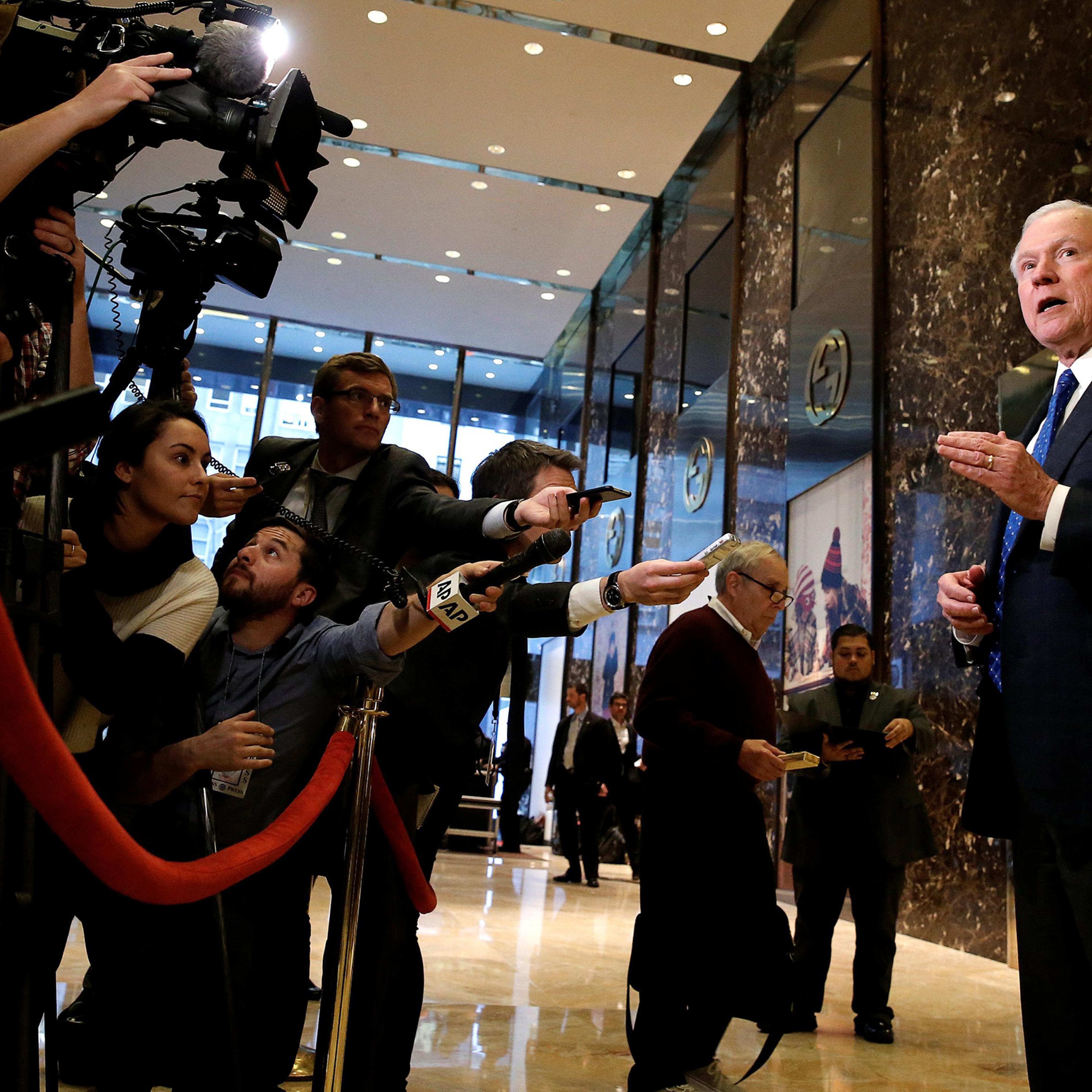 U.S. Senator Jeff Sessions (R-AL), an advisor to U.S. President Elect Donald Trump, speaks to members of the media in the lobby of Trump Tower in the Manhattan borough of New York City