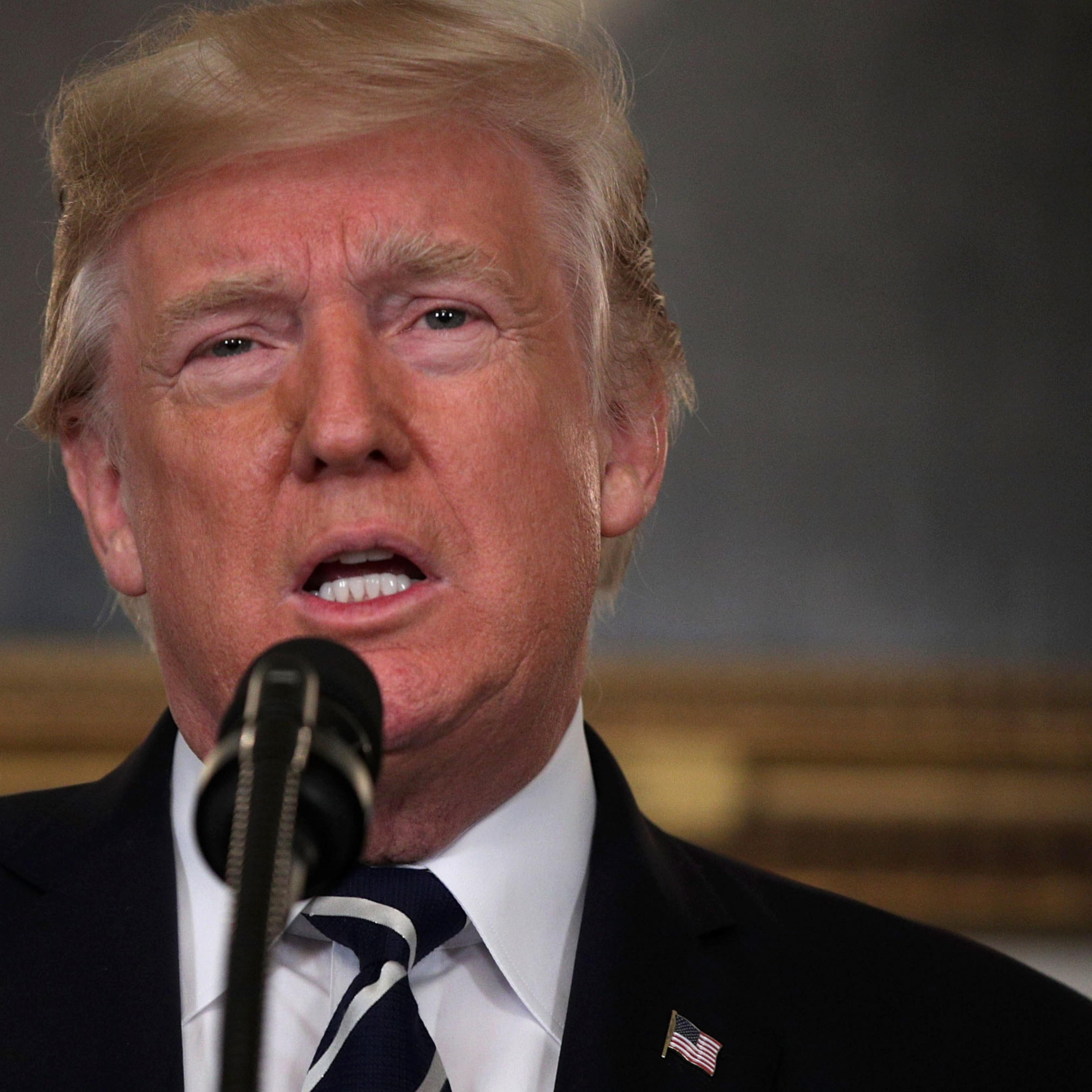 U.S. President Donald Trump makes a statement on the Las Vegas mass shooting at the Diplomatic Room of the White House October 2, 2017 in Washington, DC.