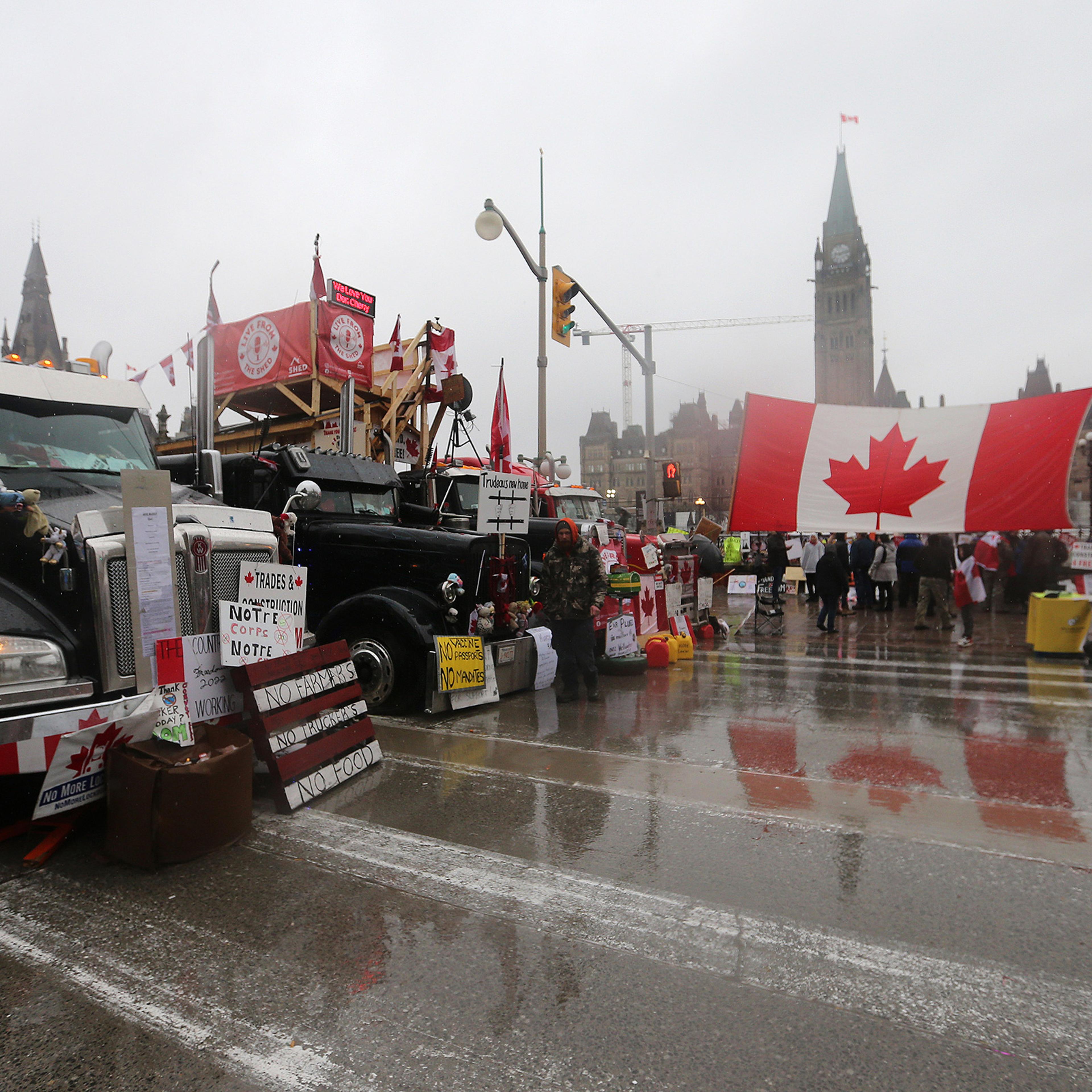 Truckers on Wellington Street in front of Parliament Hill in Ottawa, Canada on February 17, 2022.