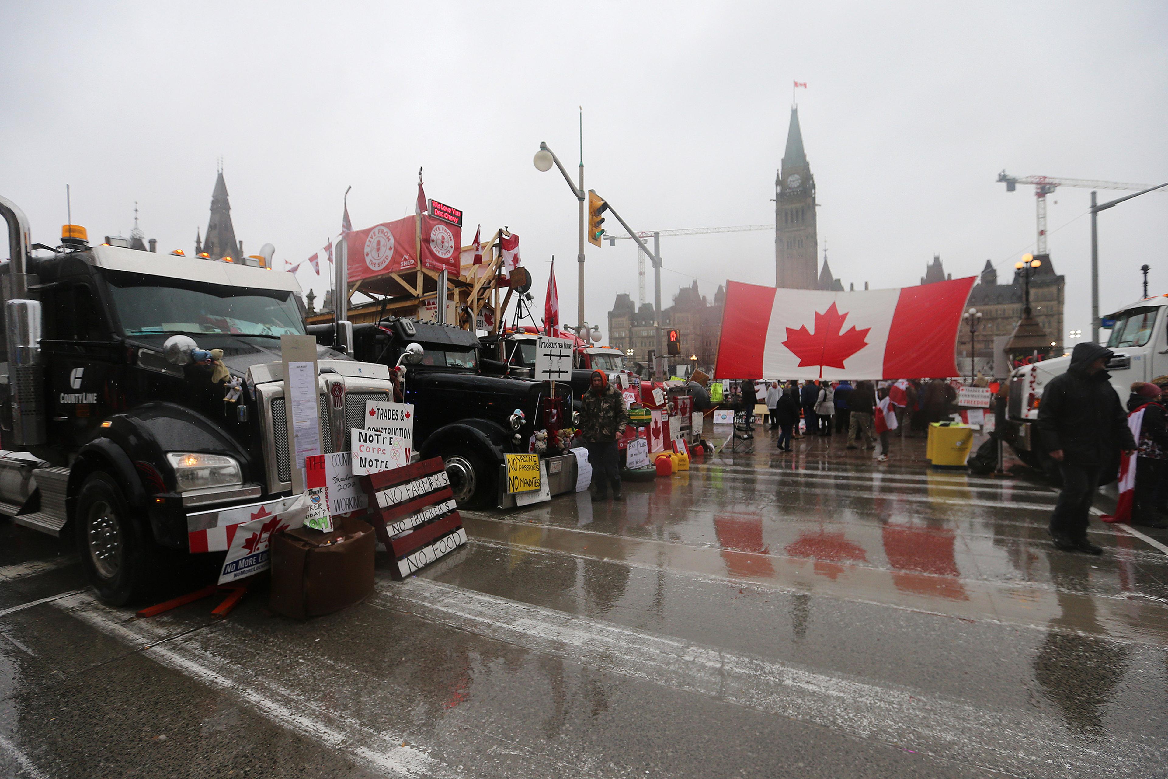 Truckers on Wellington Street in front of Parliament Hill in Ottawa, Canada on February 17, 2022.