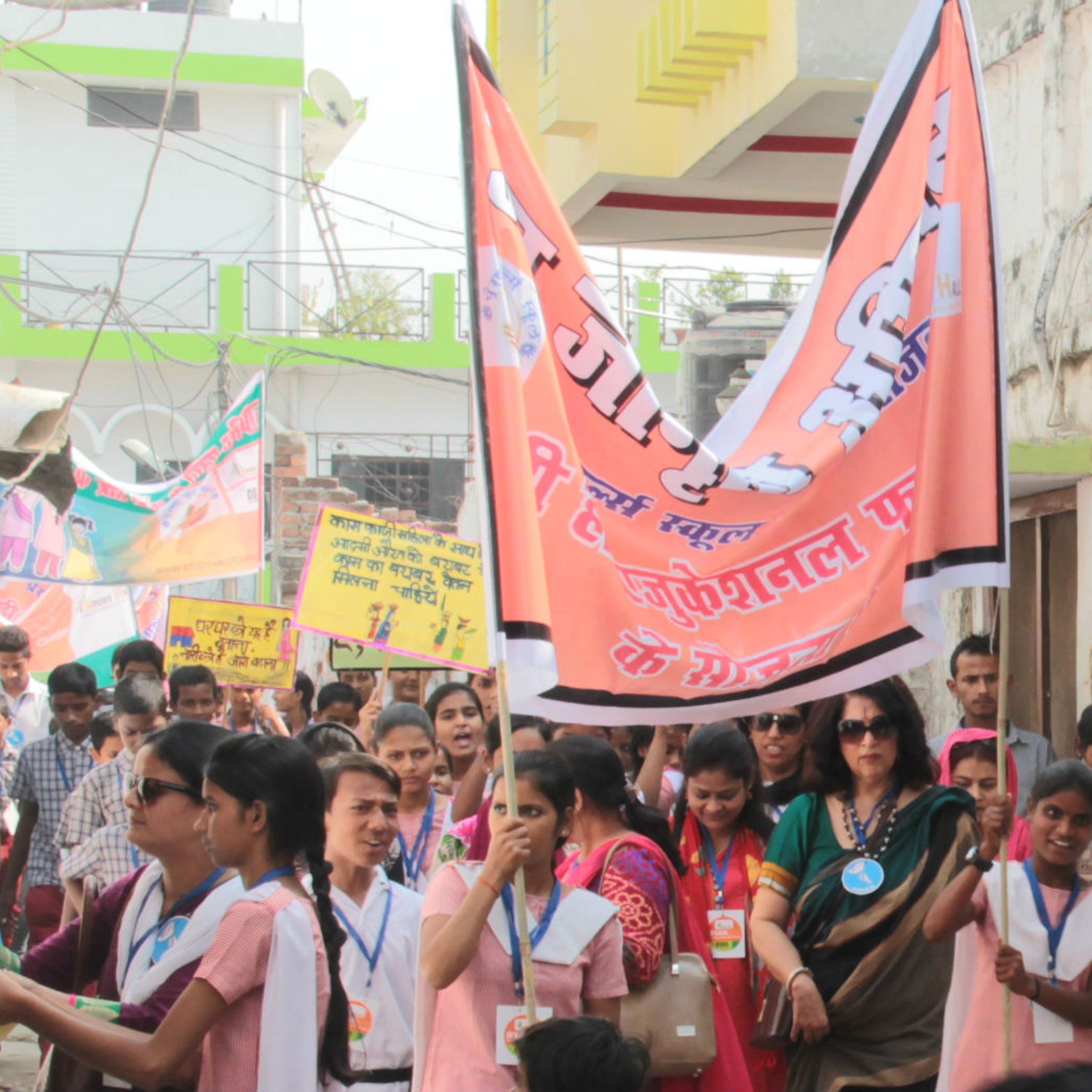 Prena students, led by the school's founder Urvashi Sahni, marching for girls' rights in India