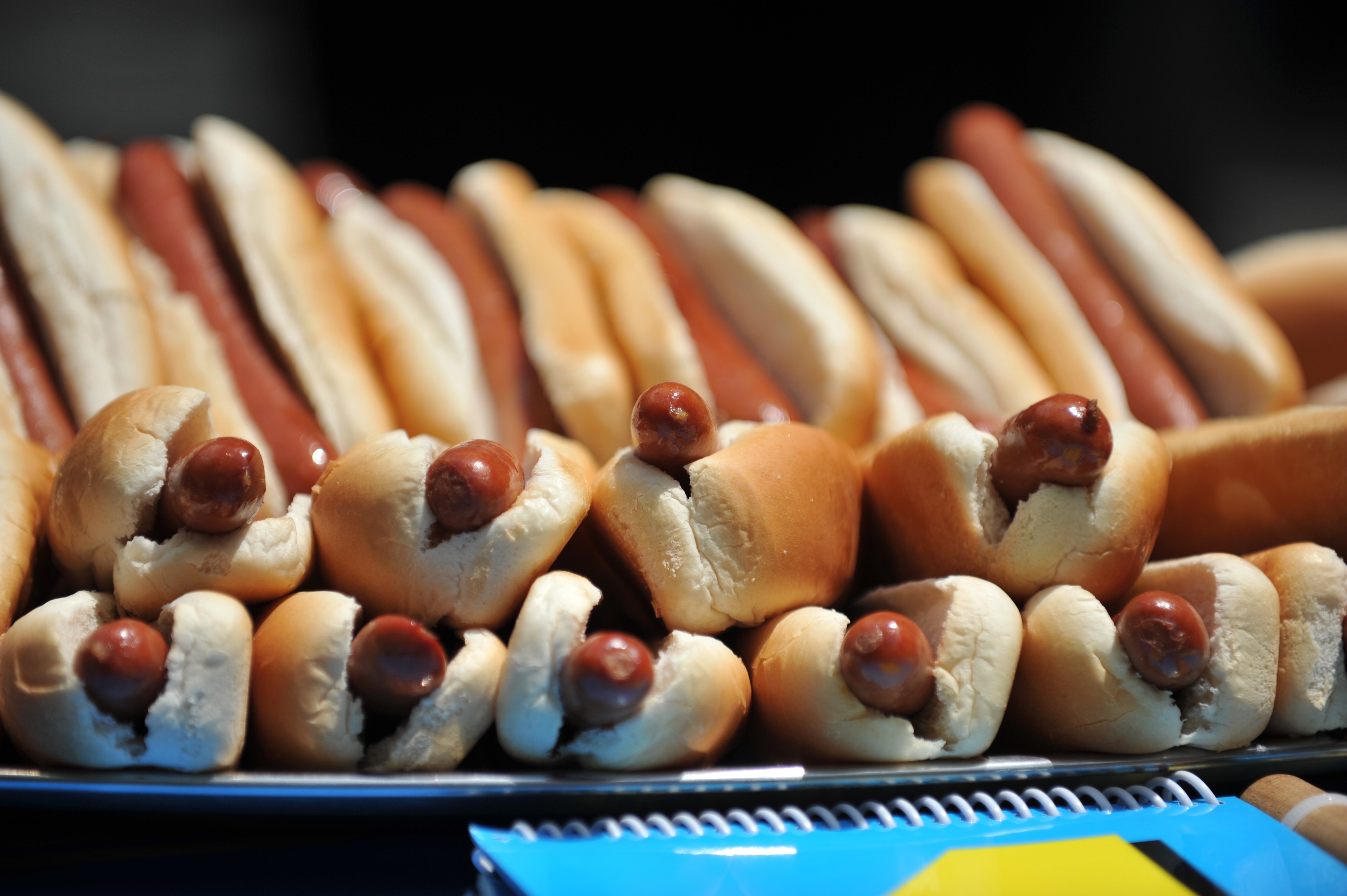 Hot dogs in buns at the official weigh-in ceremony for the Nathan's Famous Fourth of July International Hot Dog Eating Contest on July 3, 2012 at City Hall in New York City.