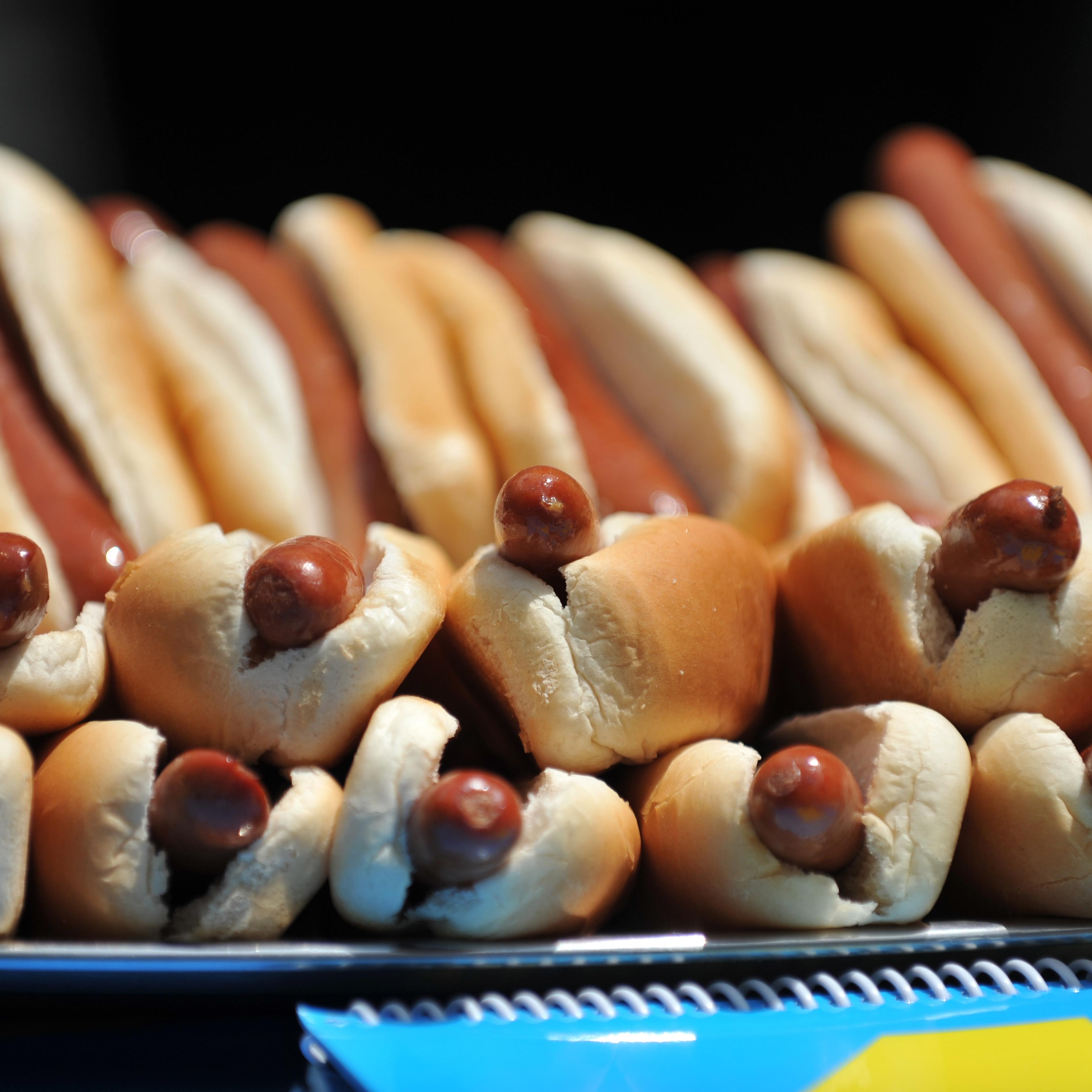 Hot dogs in buns at the official weigh-in ceremony for the Nathan's Famous Fourth of July International Hot Dog Eating Contest on July 3, 2012 at City Hall in New York City.