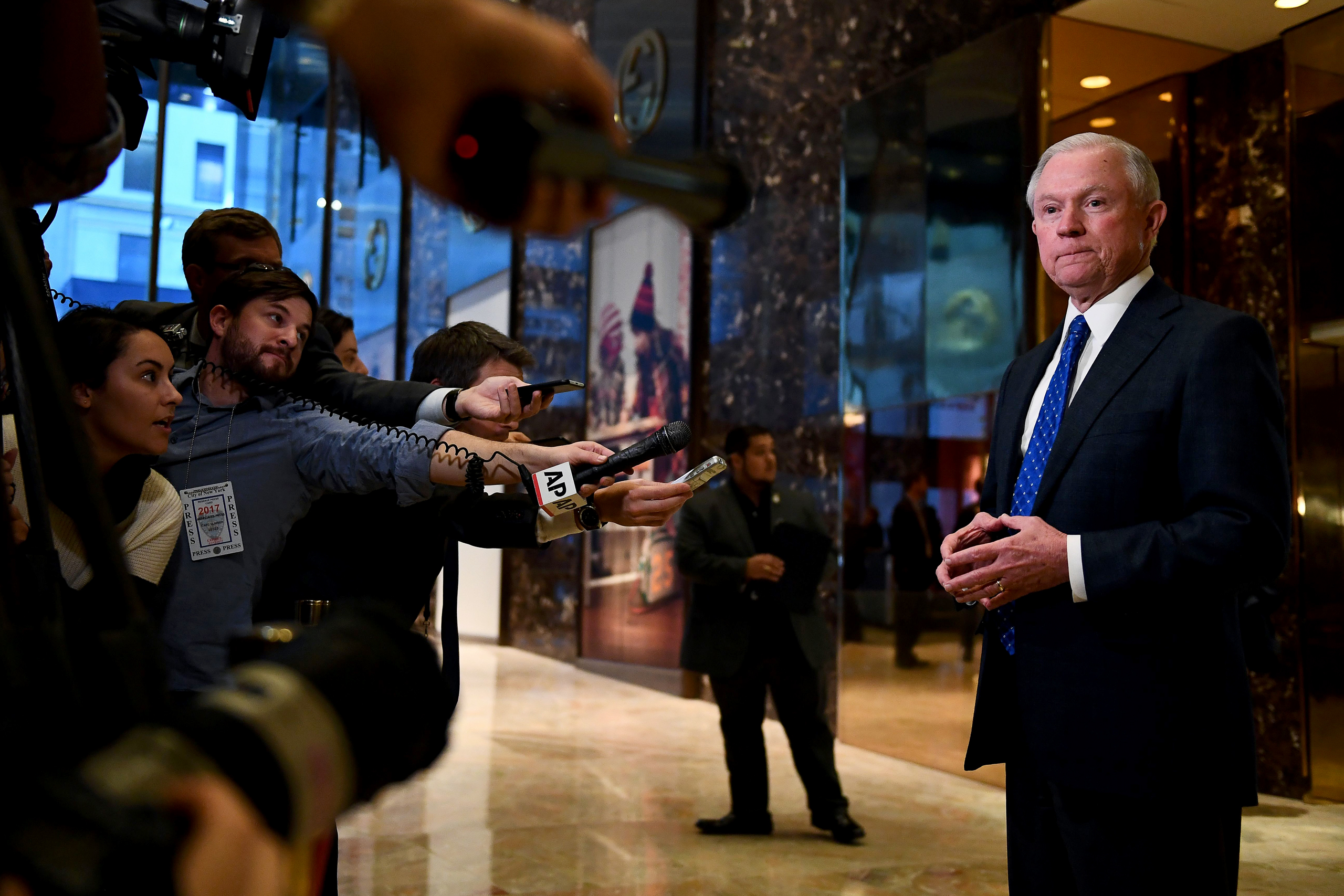 US Senator Jeff Sessions of Alabama talks to the media at the Trump Tower in New York on Nov. 17, 2016.