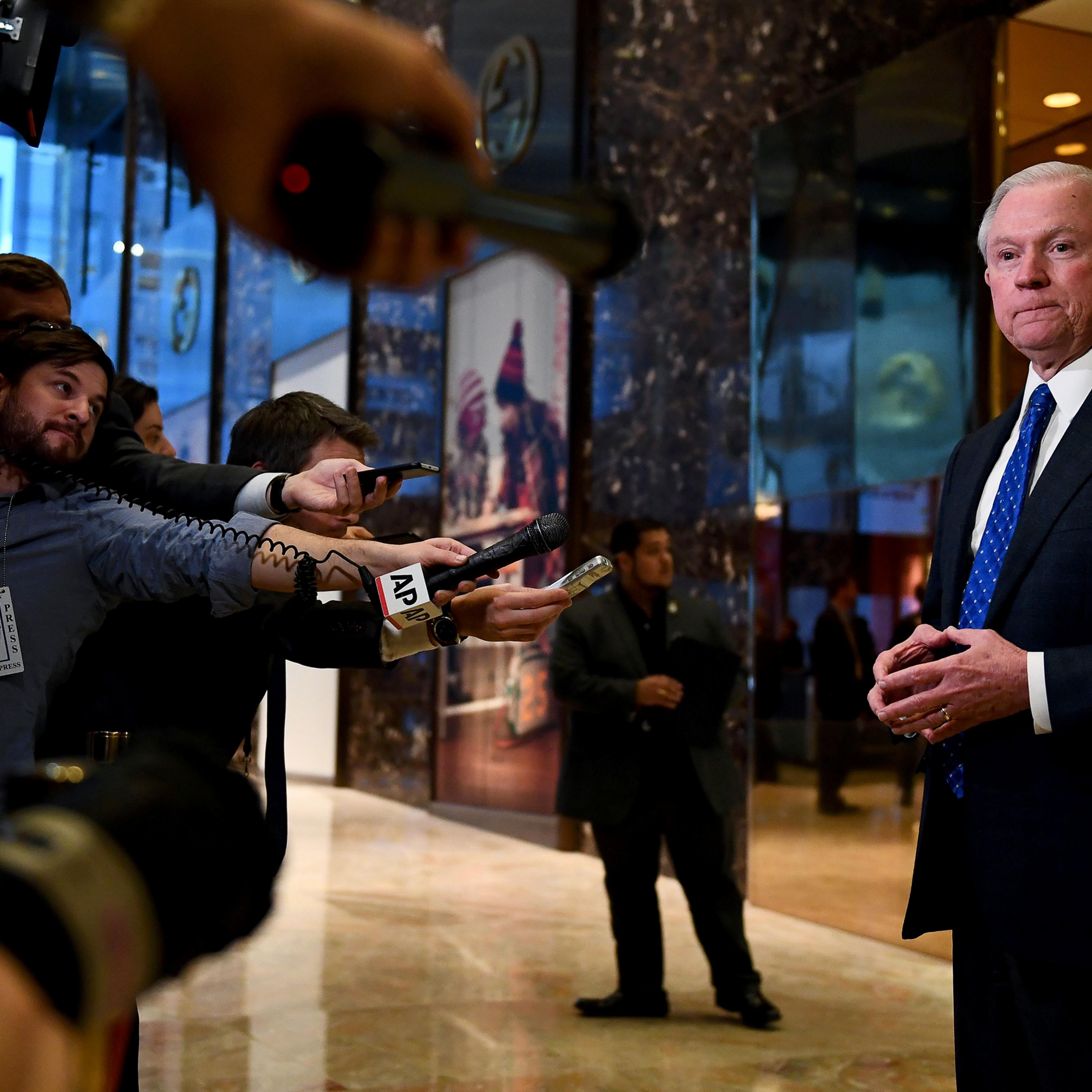 US Senator Jeff Sessions of Alabama talks to the media at the Trump Tower in New York on Nov. 17, 2016.