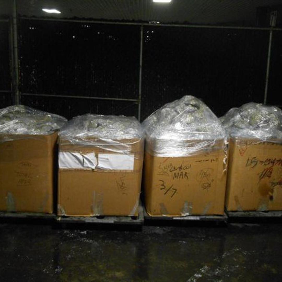 Boxes of bundles containing 2,072 pounds of marijuana seized by CBP officers at World Trade Bridge