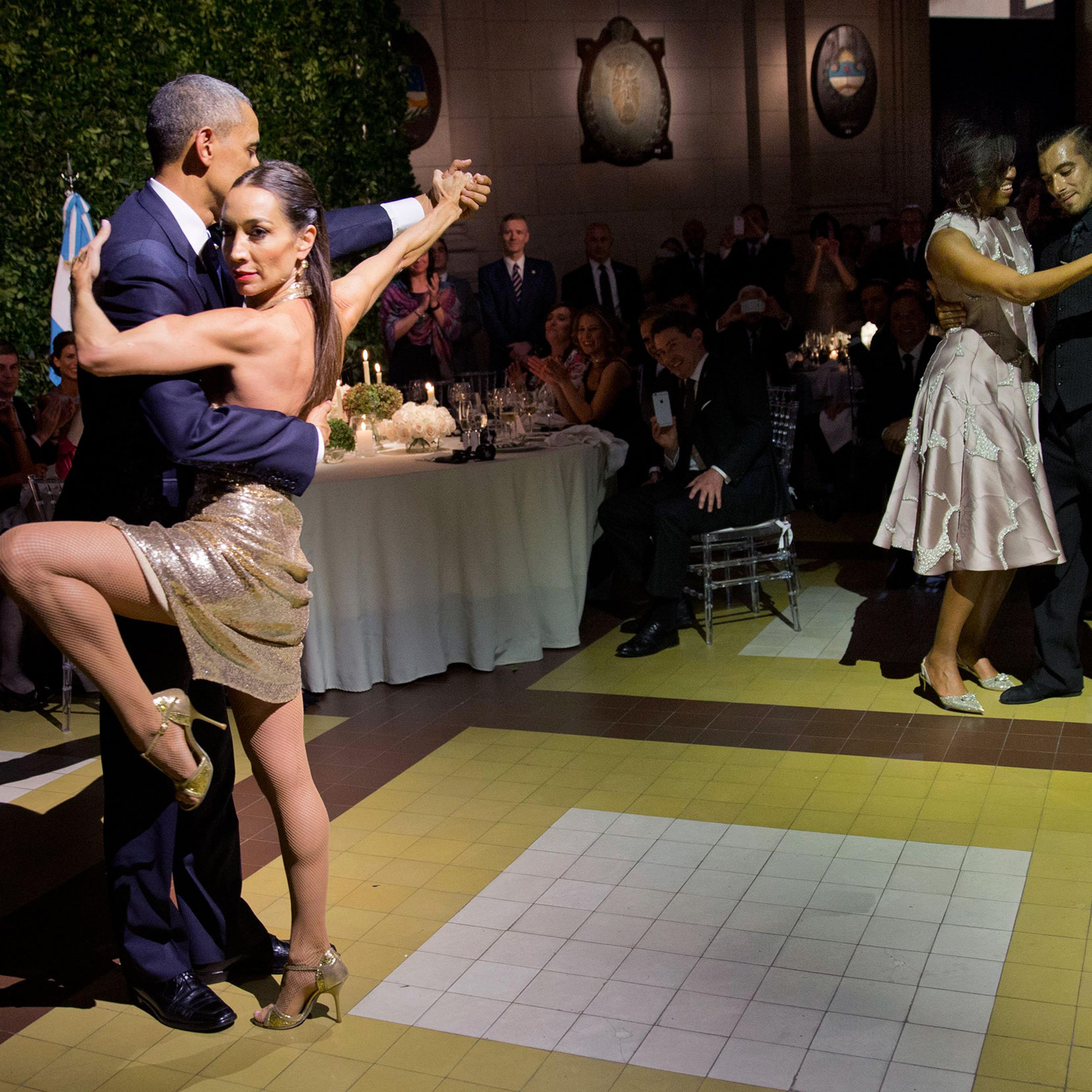 President Barack Obama and First Lady Michelle Obama perform the tango with dance partners the State Dinner at the Centro Cultural Kirchner in Buenos Aires, Argentina, March 23, 2016.