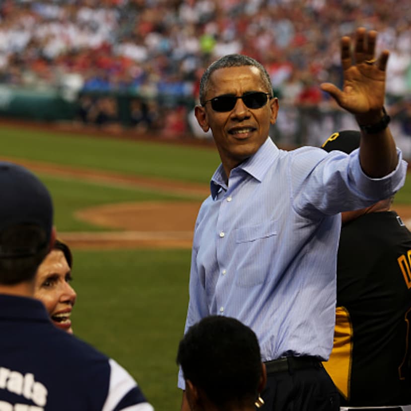 President Barack Obama waves at the crowd during the 2015 Congressional Baseball Game at the National Parks Stadium, on June 11, 2015 in Washington D.C.
