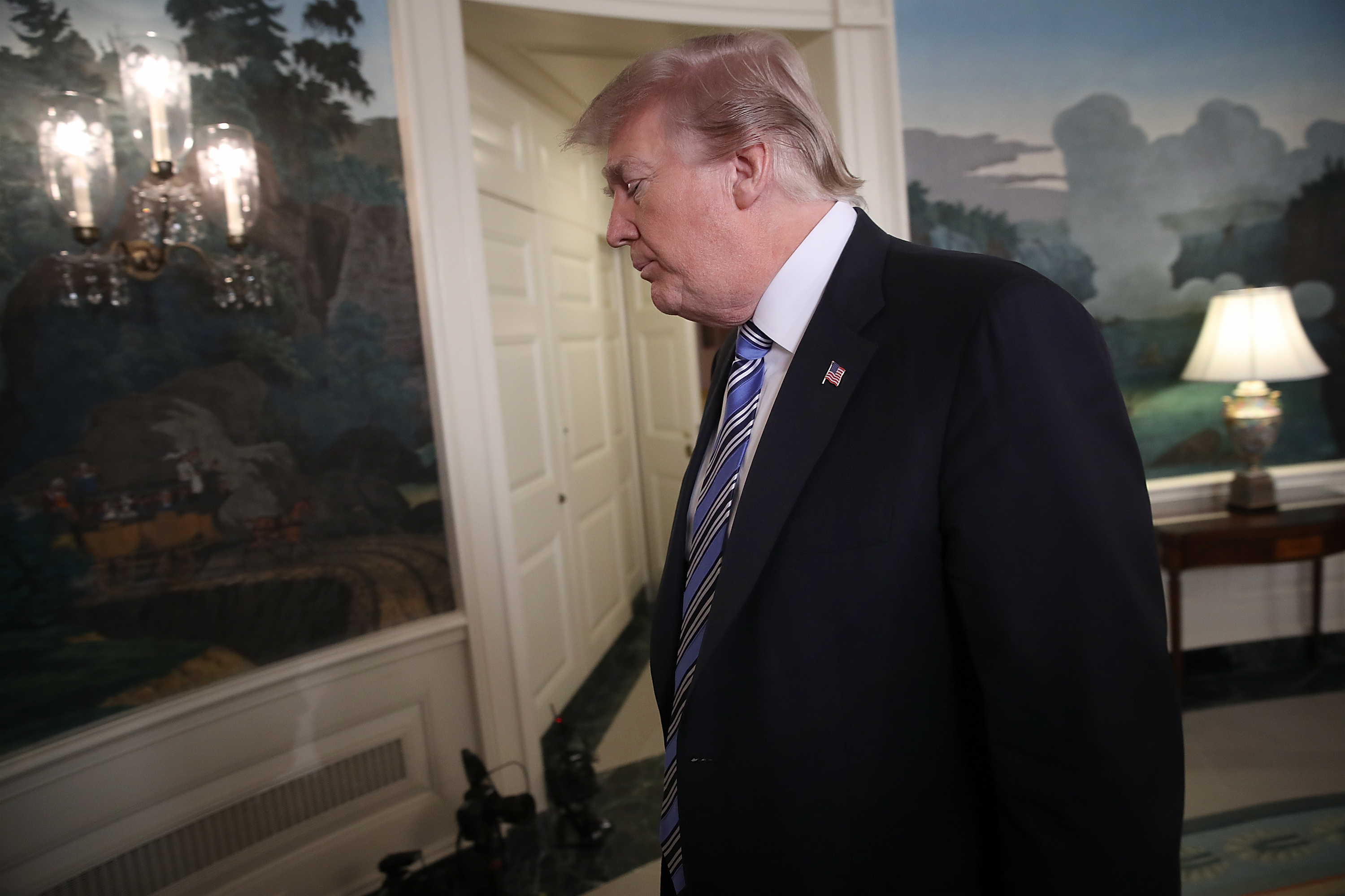 U.S. President Donald Trump departs after delivering remarks about the shooting yesterday at Marjory Stoneman Douglas High School, at the White House on February 15, 2018 in Washington, DC.