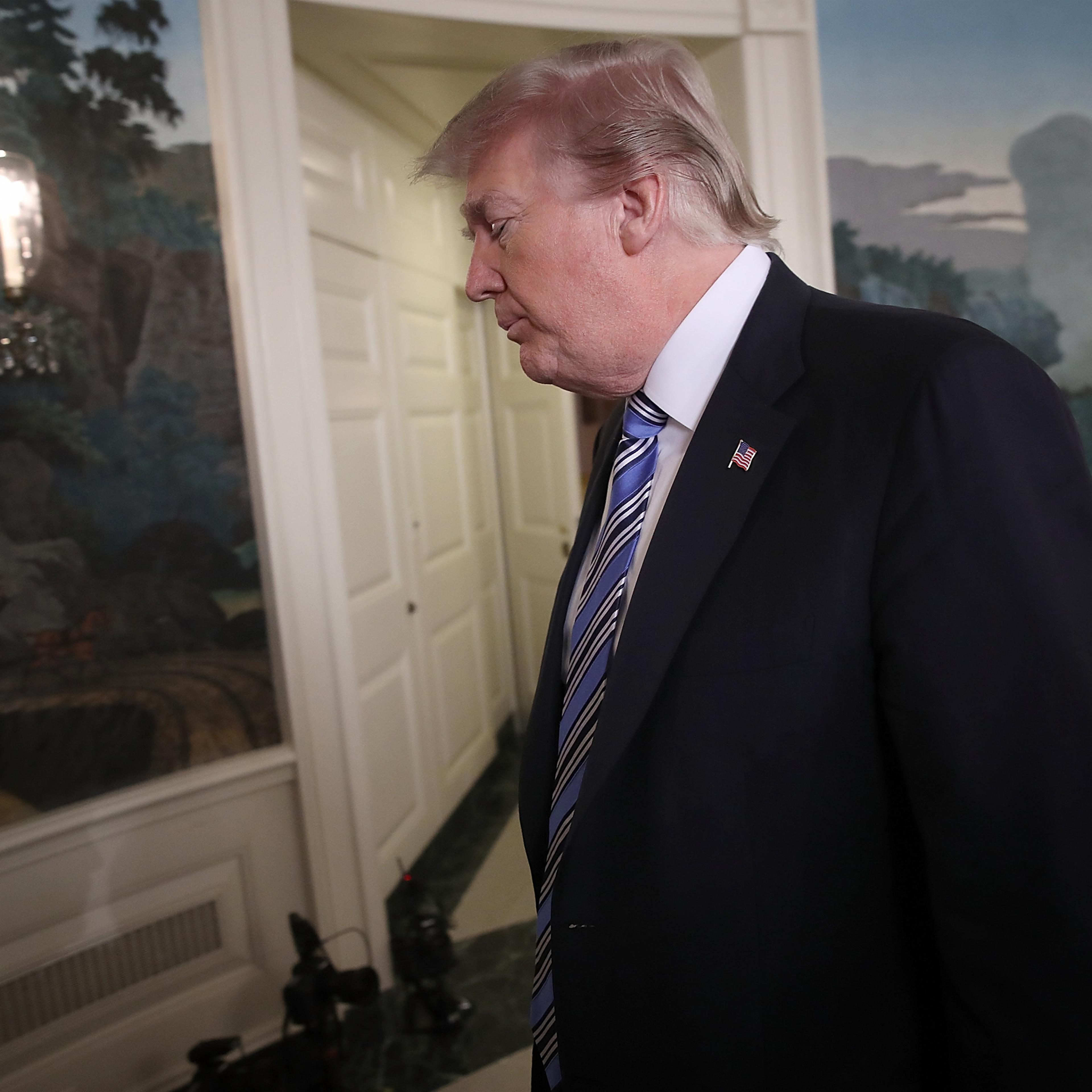 U.S. President Donald Trump departs after delivering remarks about the shooting yesterday at Marjory Stoneman Douglas High School, at the White House on February 15, 2018 in Washington, DC.