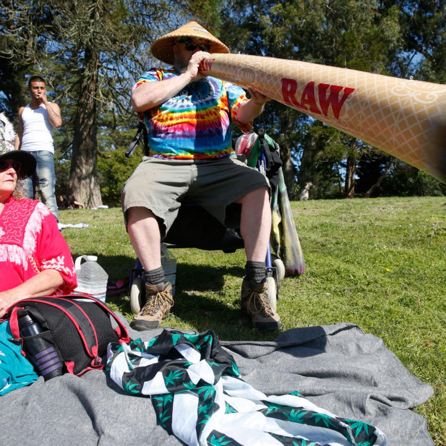 Bear Waite blows up an inflatable joint with his wife Michelle for the annual 4/20 celebration of cannabis on Hippie Hill at Golden Gate Park in San Francisco, Calif. on Friday, April 20, 2018