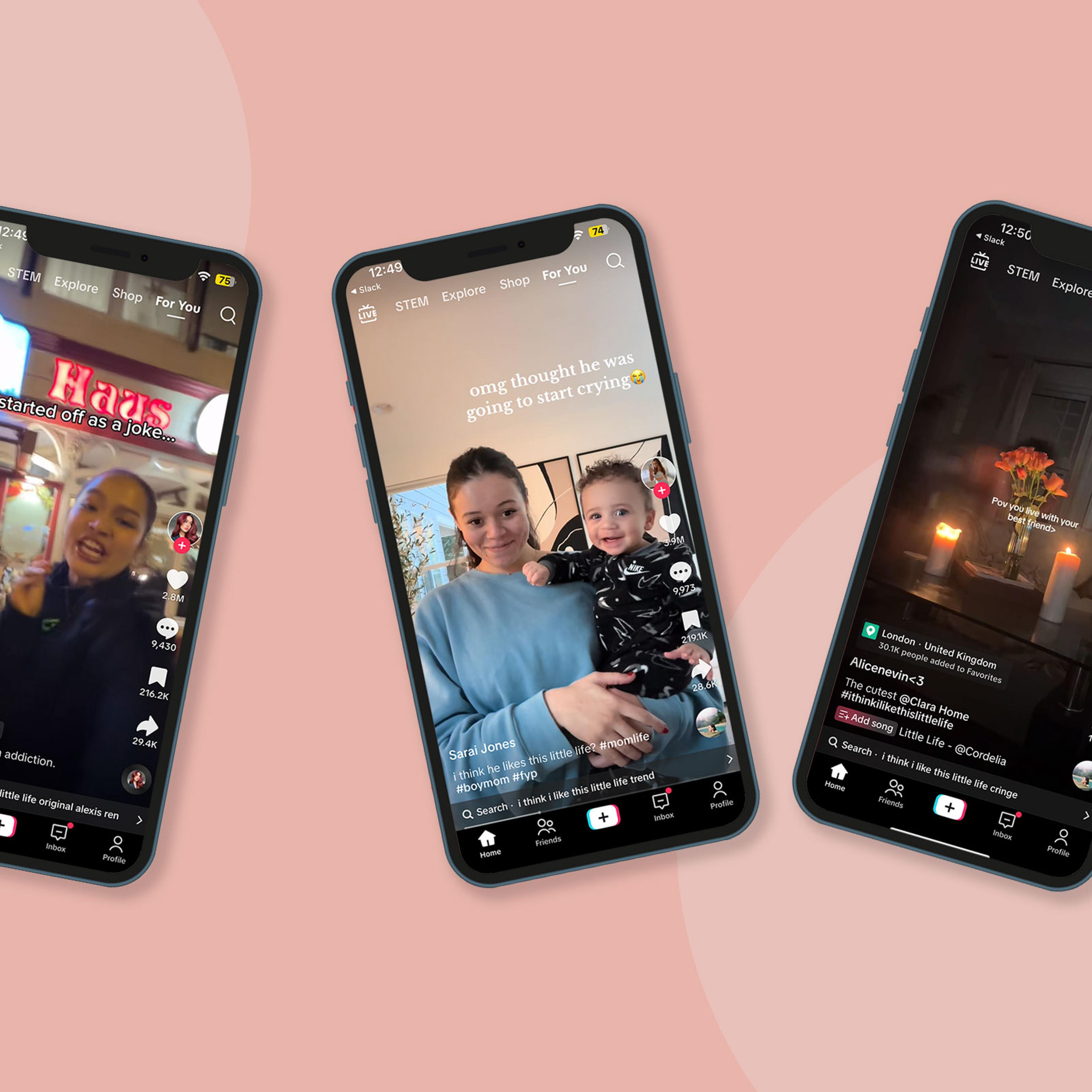three iPhones displaying TikToks