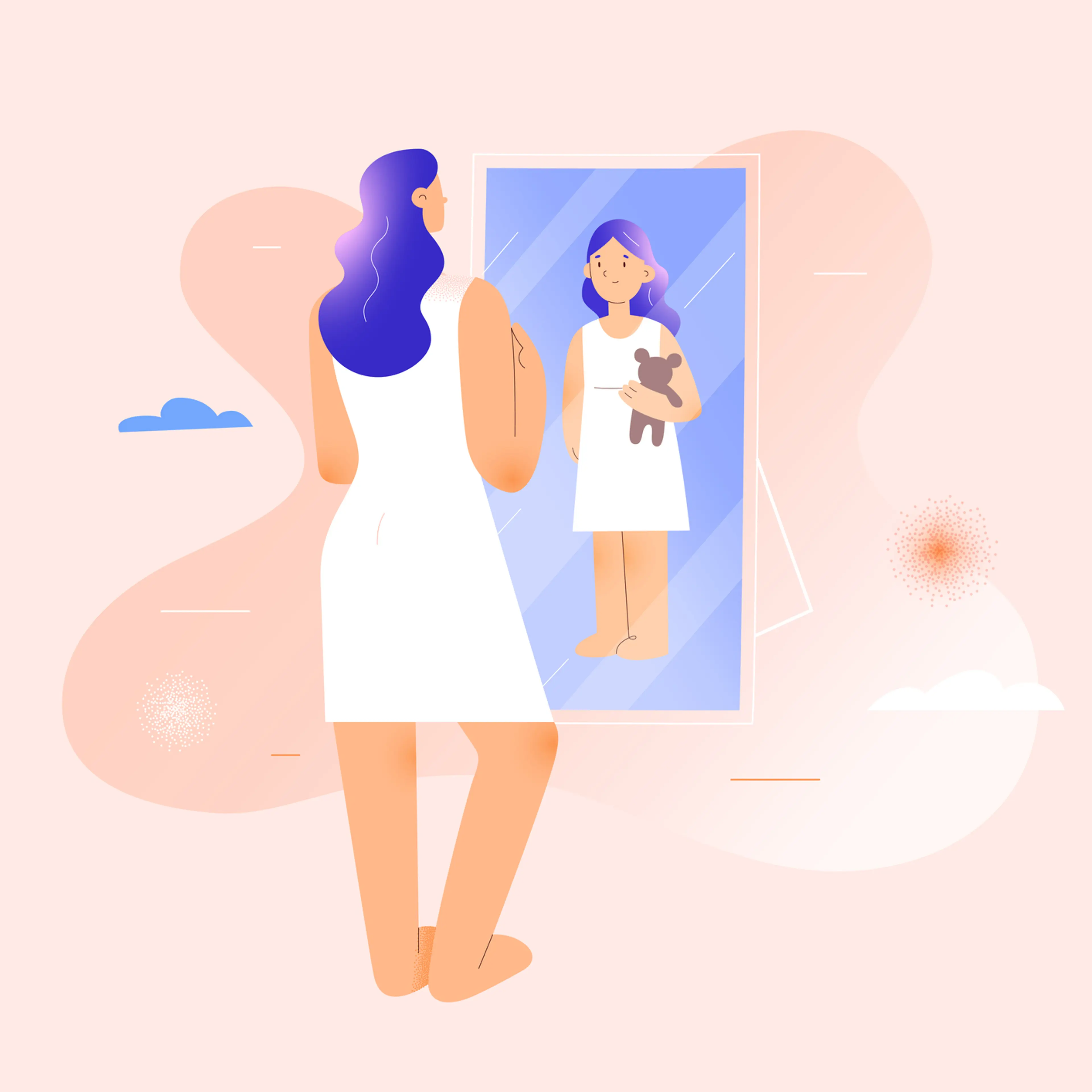 Woman seeing herself as child girl in mirror reflexion, inner child psychology therapy concept, inner child concept, childlike behaviour, mental health psychotherapy, modern vector illustration