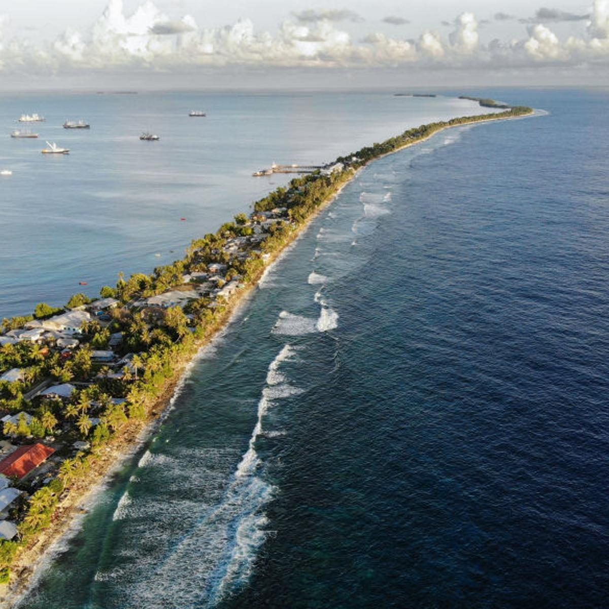 An aerial view of a strip of land in Funafuti, Tuvalu’s capital city.