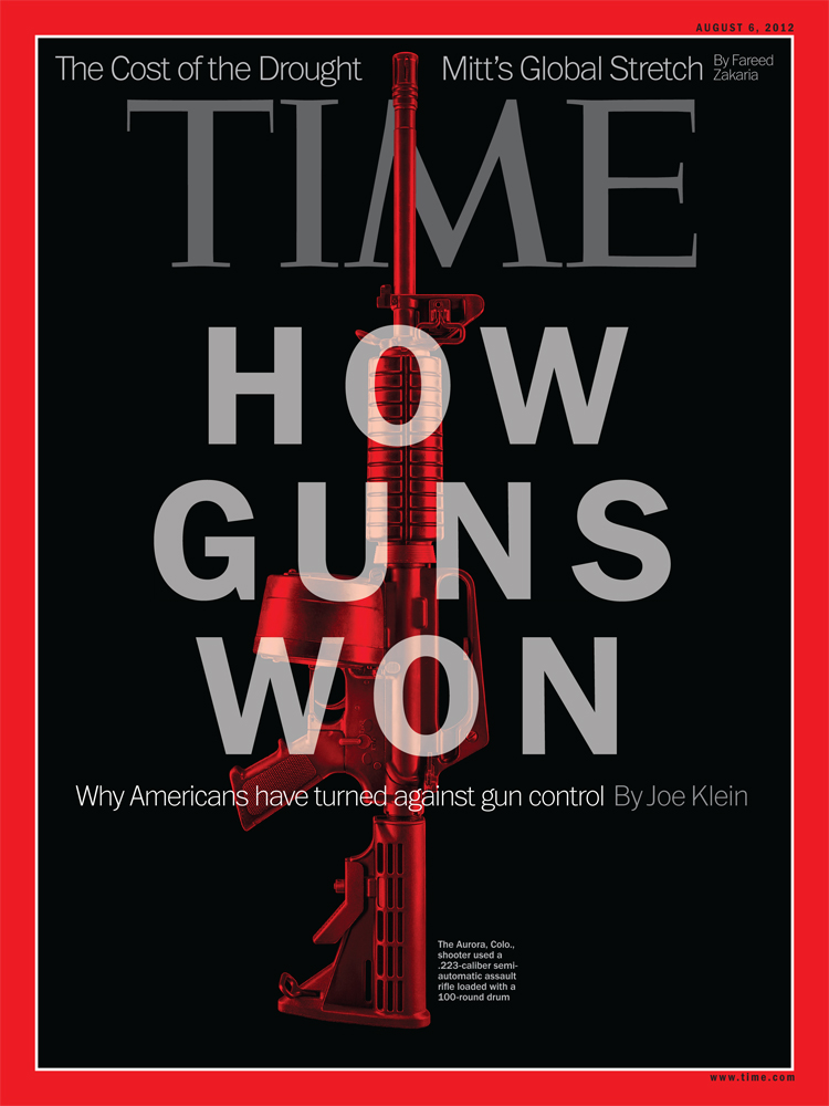 The cover featuring an image of an AR-15 assault rifle for the August 6, 2012 issue of TIME, by Bartholomew Cooke.

