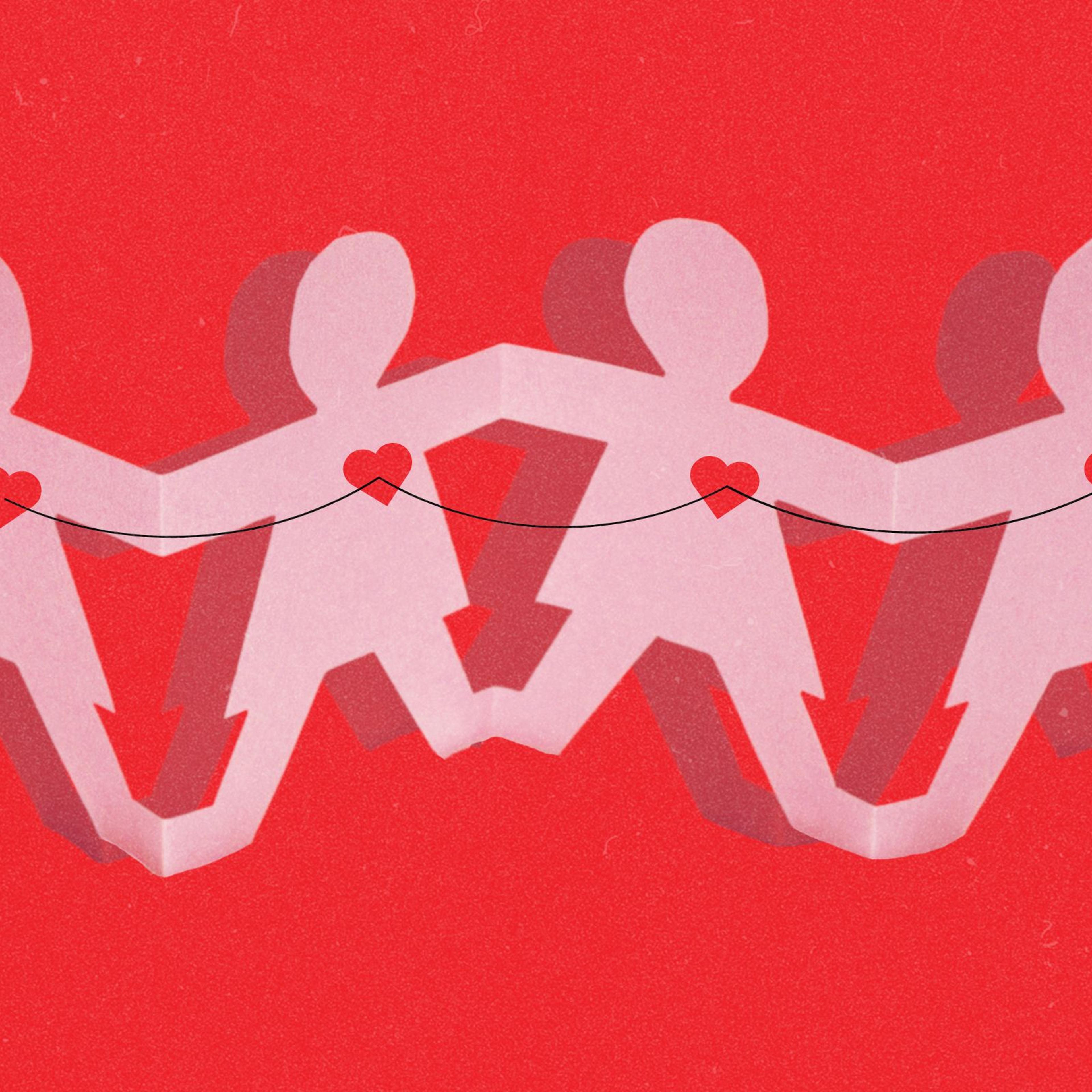Paper cut out people holding hands with a string attached to each of their hearts