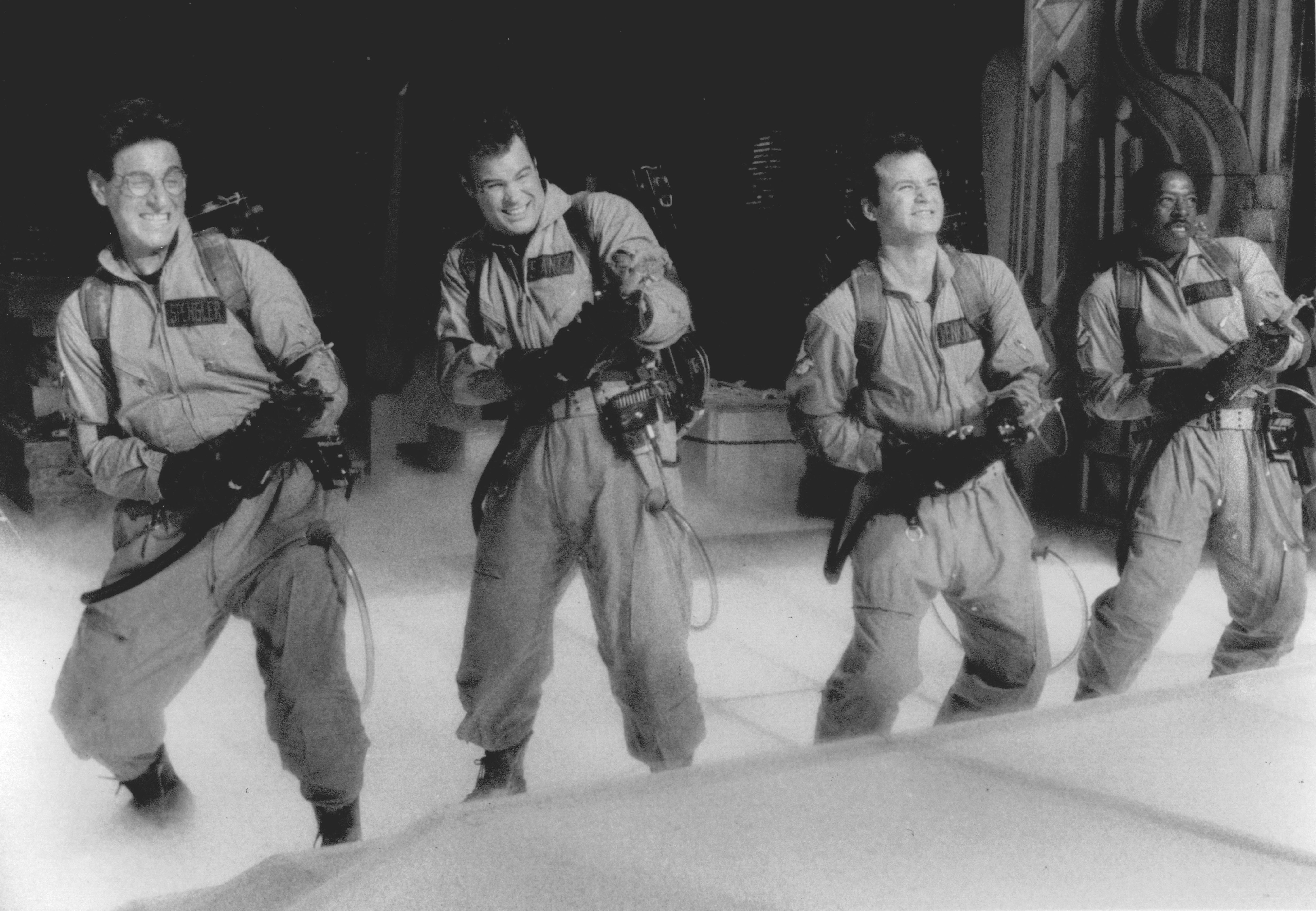 Harold Ramis, Dan Aykroyd, Bill Murray and Ernie Hudson take care not to cross the streams as they fire on evil spirits menacing New York City.
