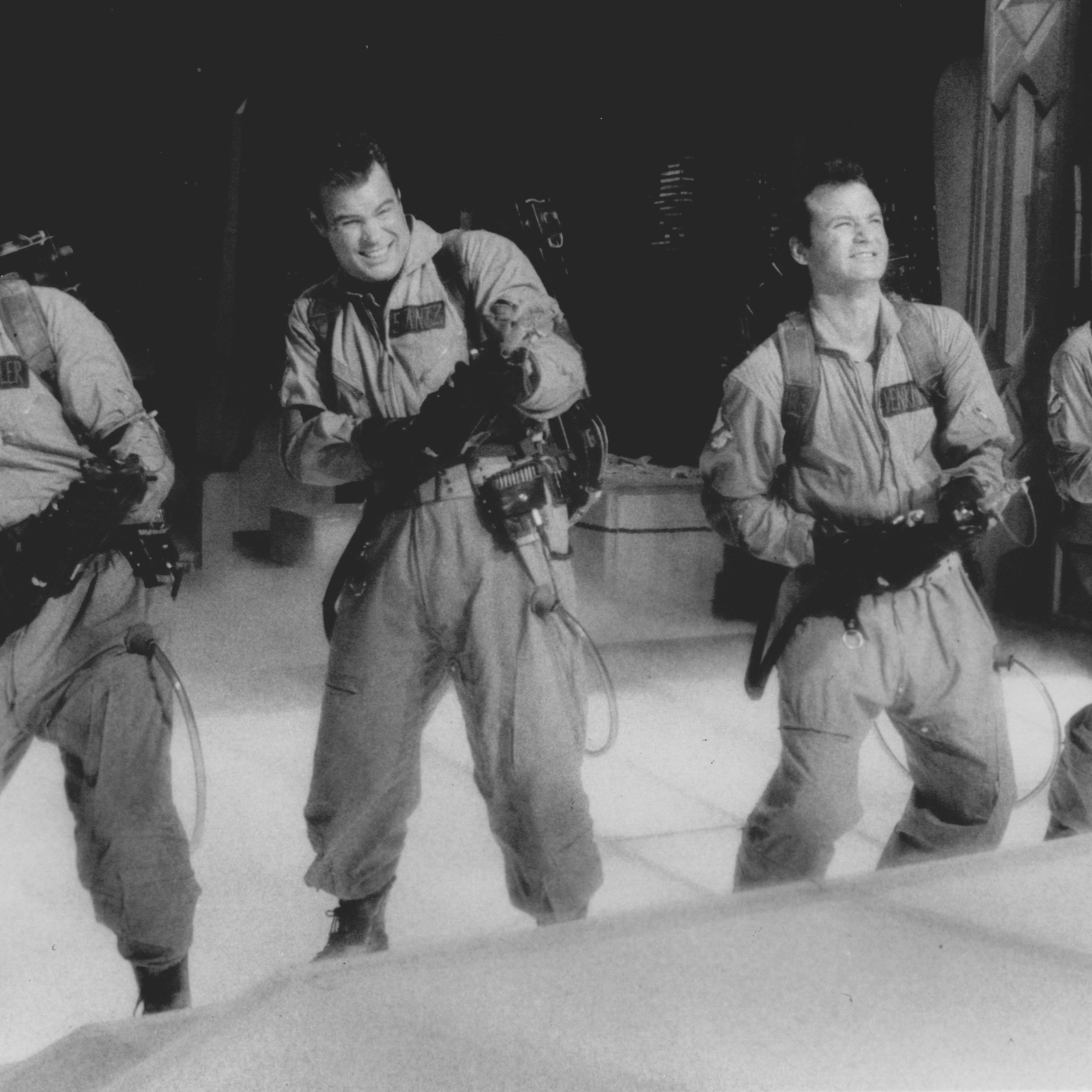 Harold Ramis, Dan Aykroyd, Bill Murray and Ernie Hudson take care not to cross the streams as they fire on evil spirits menacing New York City.