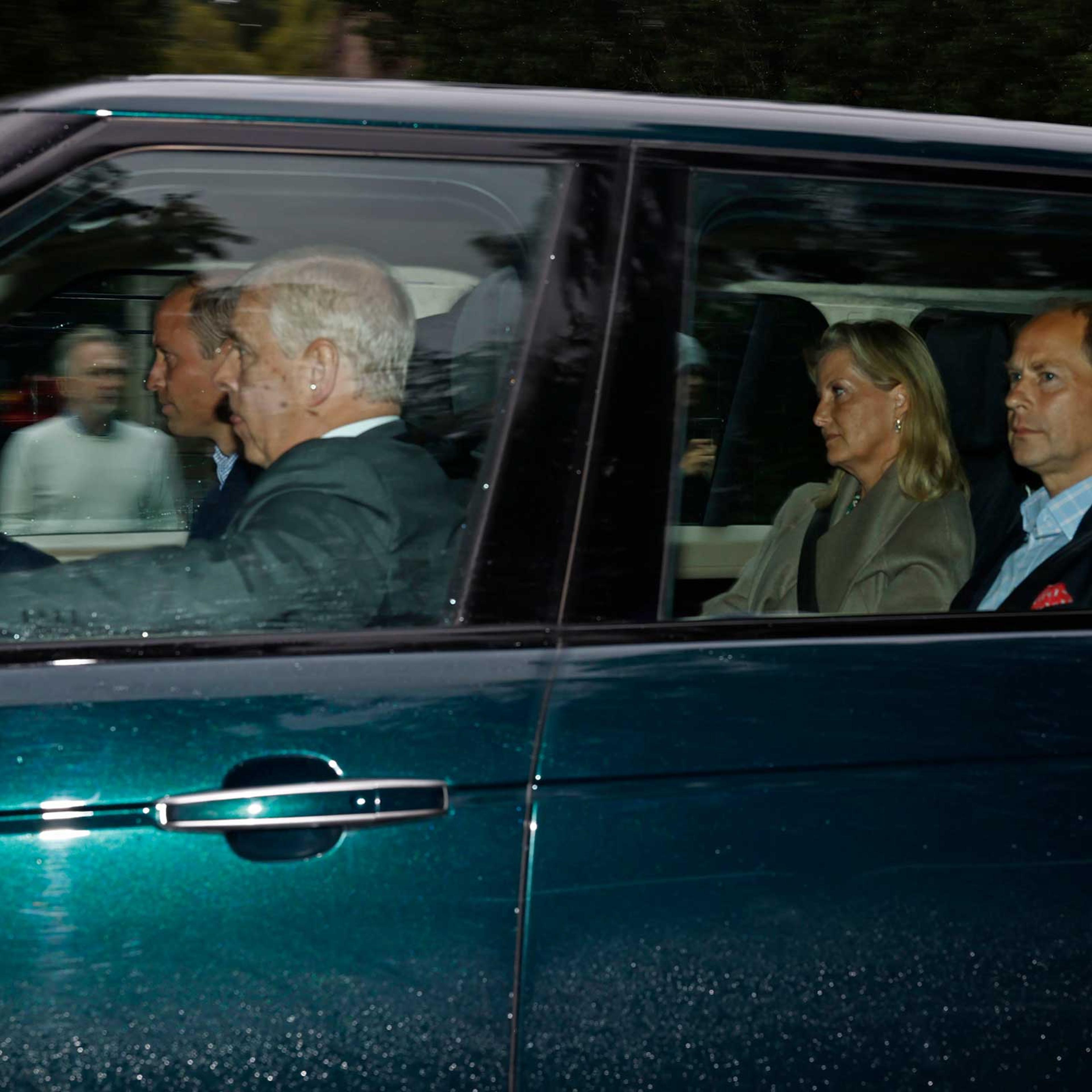 Prince William, Duke of Cambridge, Prince Andrew, Duke of York, Sophie, Countess of Wessex and Edward, Earl of Wessex arrive to see Queen Elizabeth at Balmoral Castle on September 8, 2022 in Aberdeen, Scotland.