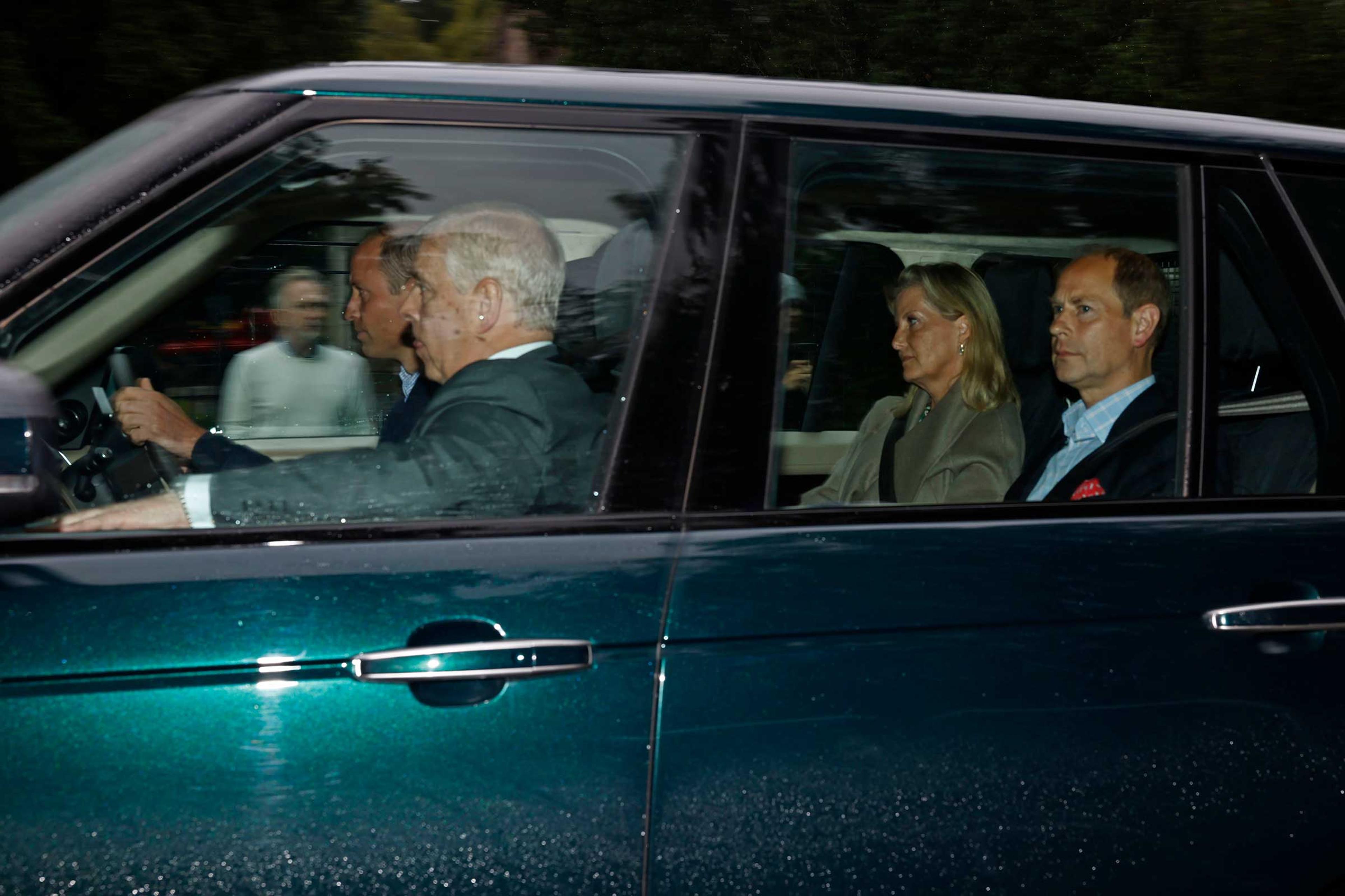 Prince William, Duke of Cambridge, Prince Andrew, Duke of York, Sophie, Countess of Wessex and Edward, Earl of Wessex arrive to see Queen Elizabeth at Balmoral Castle on September 8, 2022 in Aberdeen, Scotland.