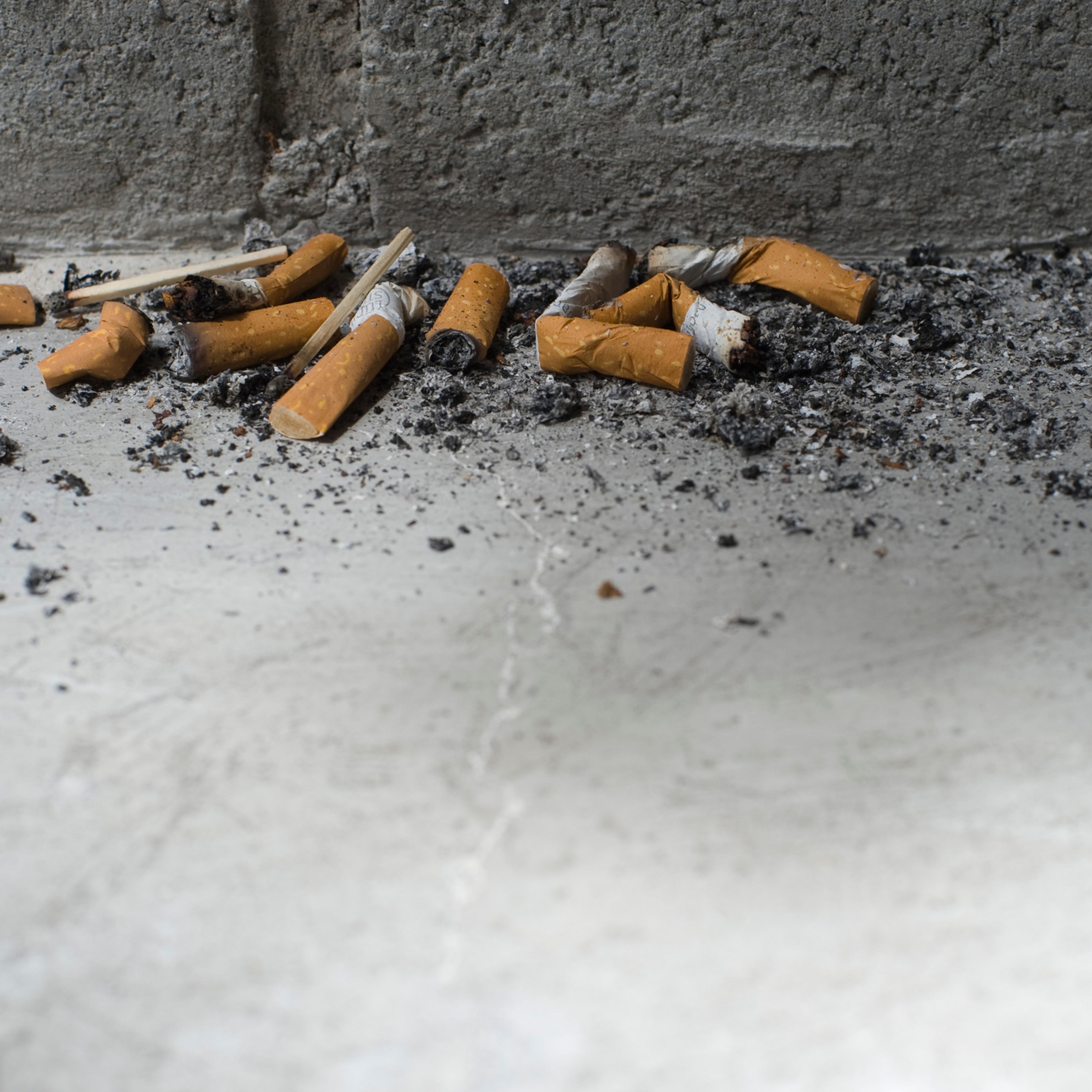 Discarded cigarette butts on ground