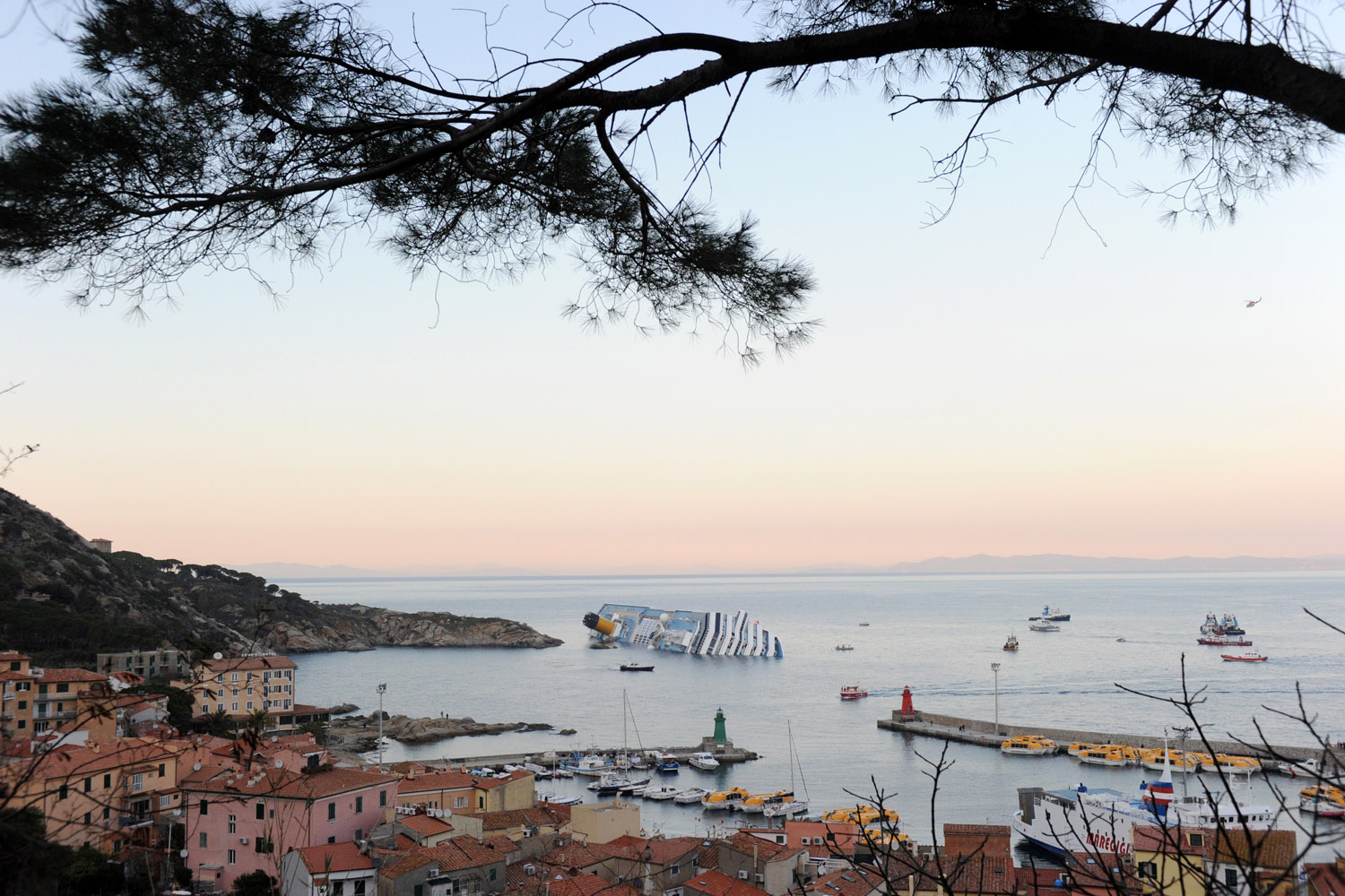 Jan. 14, 2012. The Italian cruise ship 'Costa Concordia' ran aground and keeled over off the Italian coast near the island of Giglio in Tuscany, Italy.