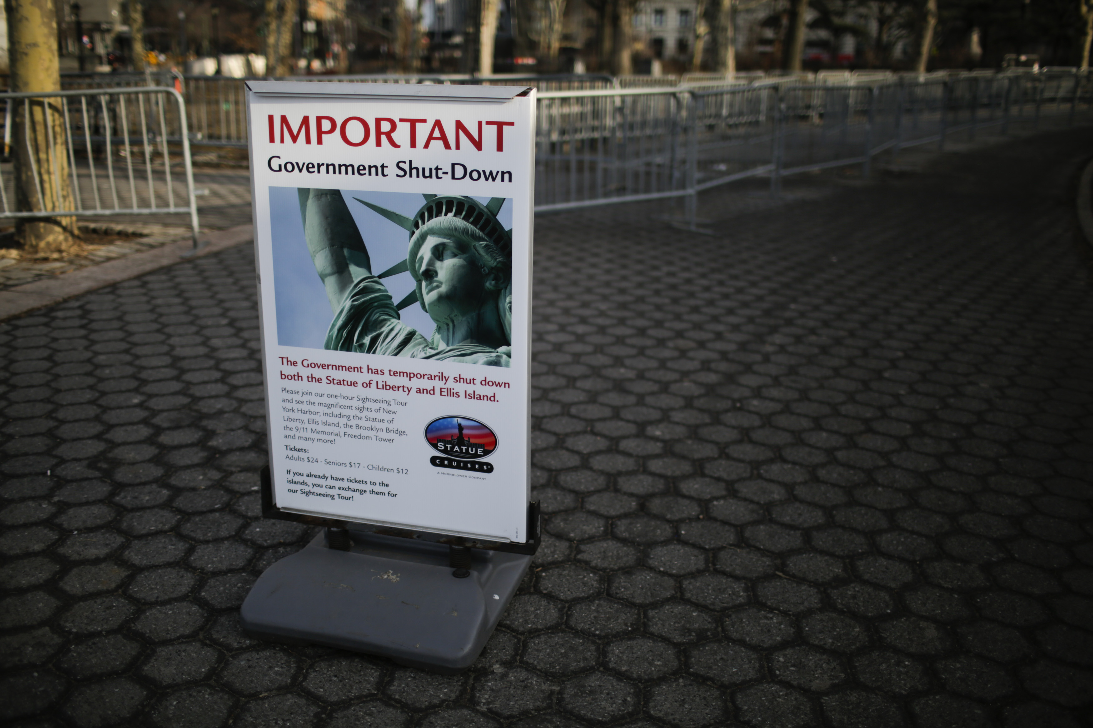 A Shutdown placard is seen at the entrance of the Liberty State ferry terminal in Battery Park on January 21, 2018 in New York City.