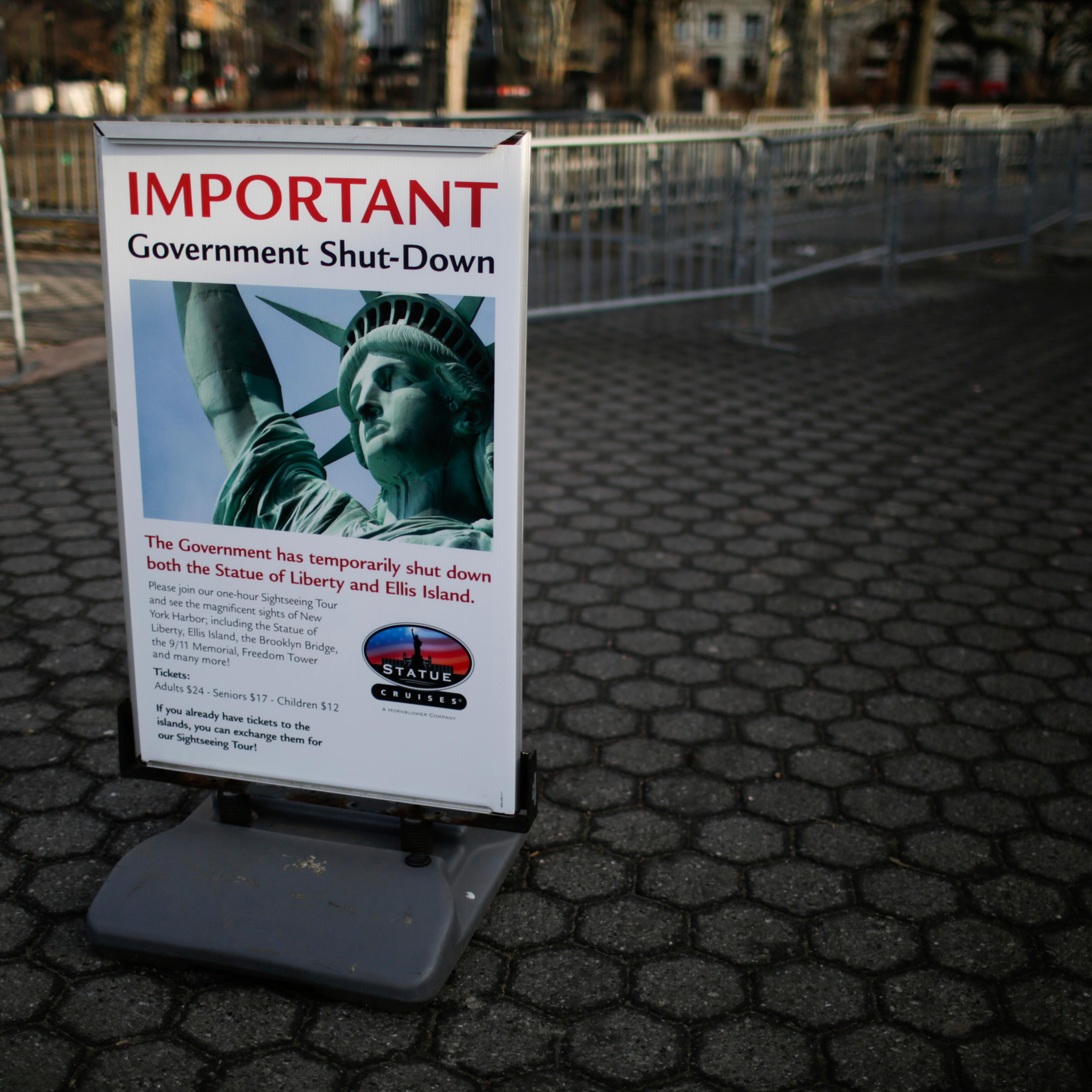 A Shutdown placard is seen at the entrance of the Liberty State ferry terminal in Battery Park on January 21, 2018 in New York City.