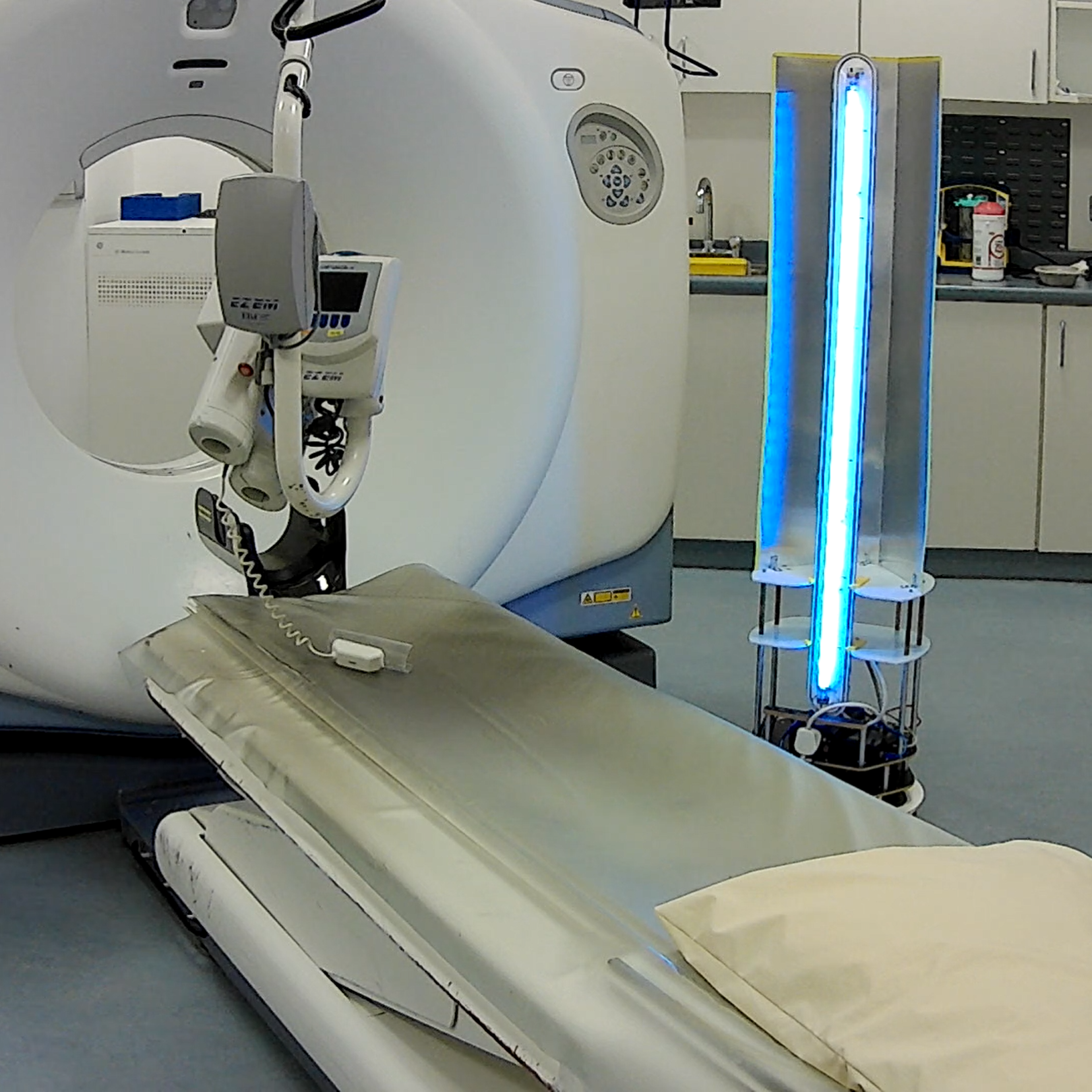 Violet, a robot designed to autonomously disinfect health care facilities using UV light.