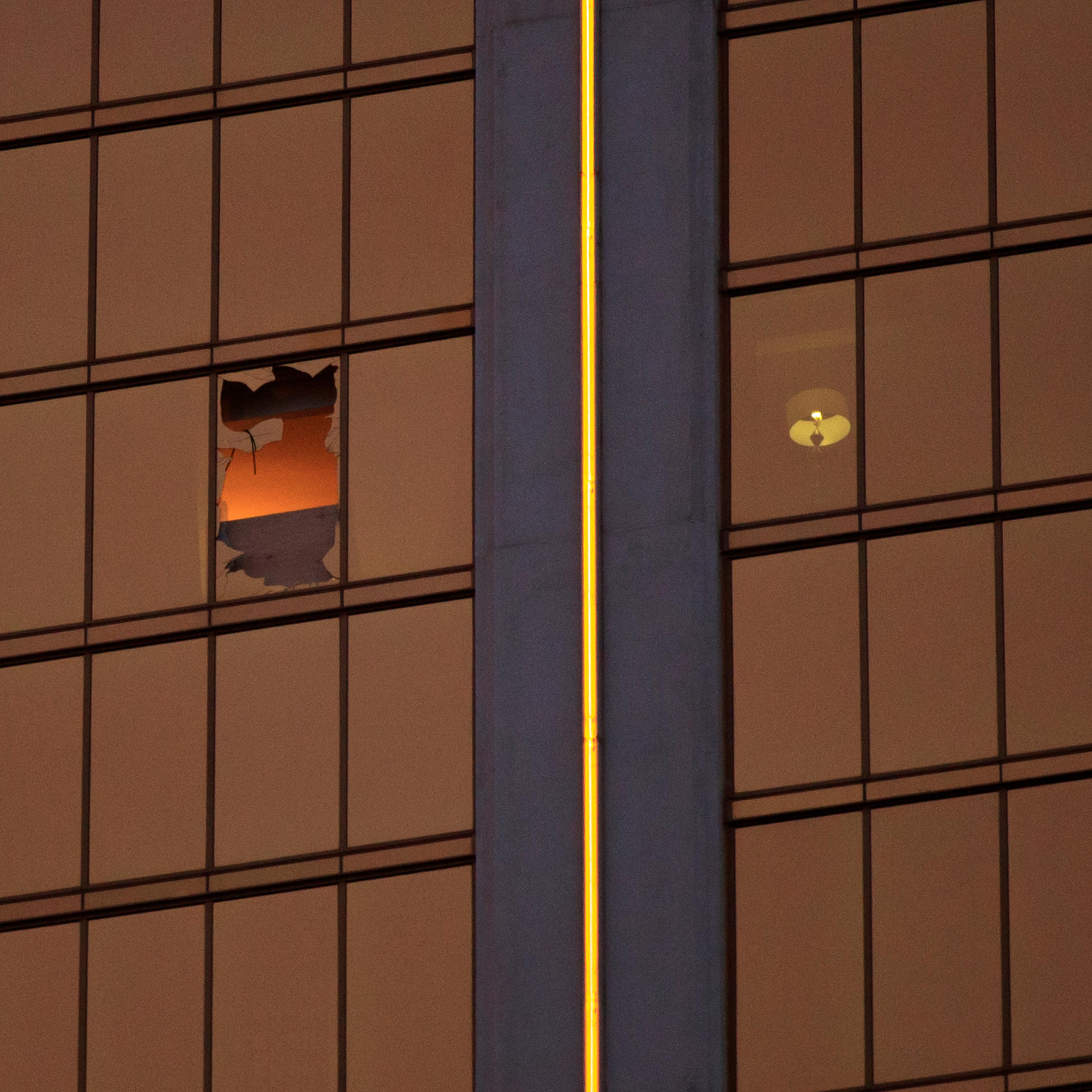A window is broken on the 32nd floor of the Mandalay Bay Resort and Casino