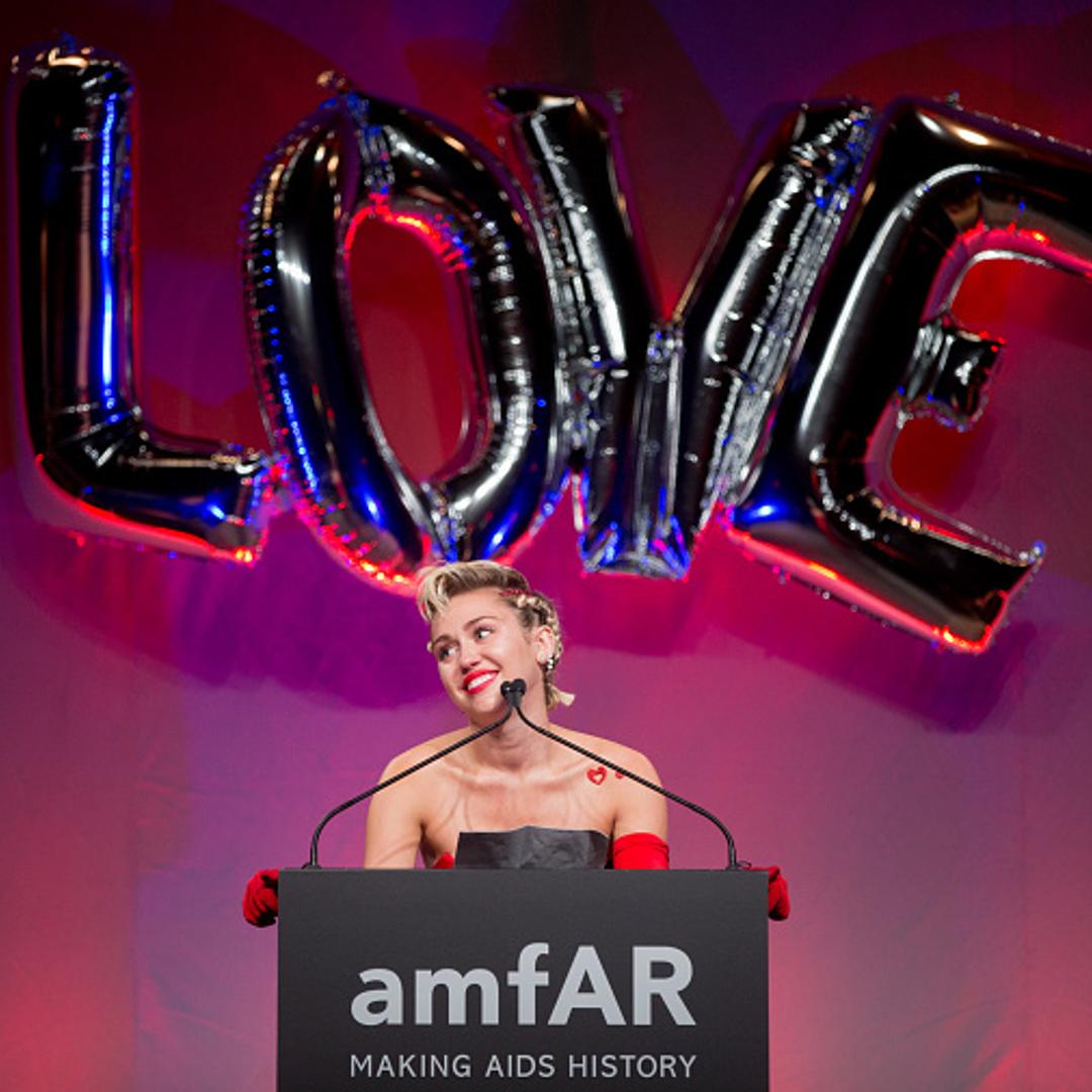 Miley Cyrus gives a speech at the 2015 amfAR Inspiration Gala in New York City on June 16, 2015.