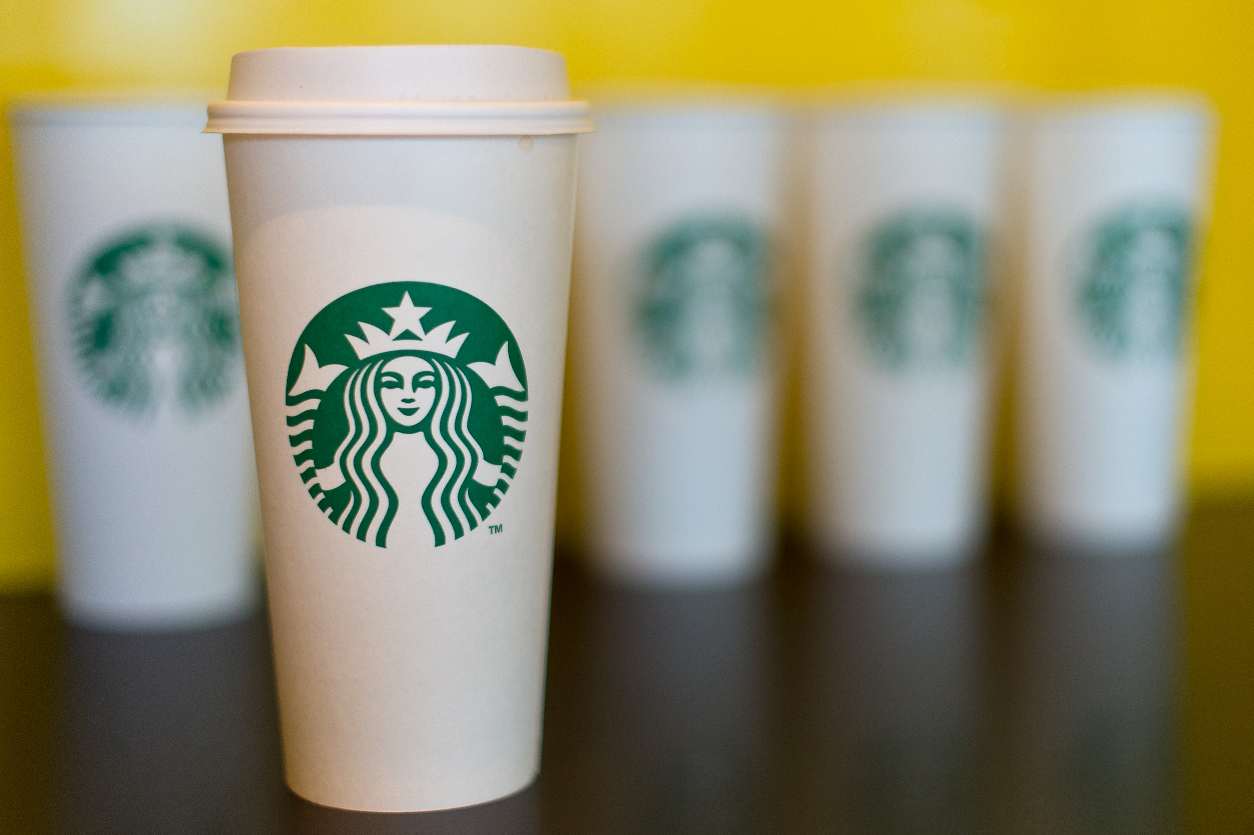 A collection of venti sized Starbucks take away cups on February 18, 2016 in London, England.