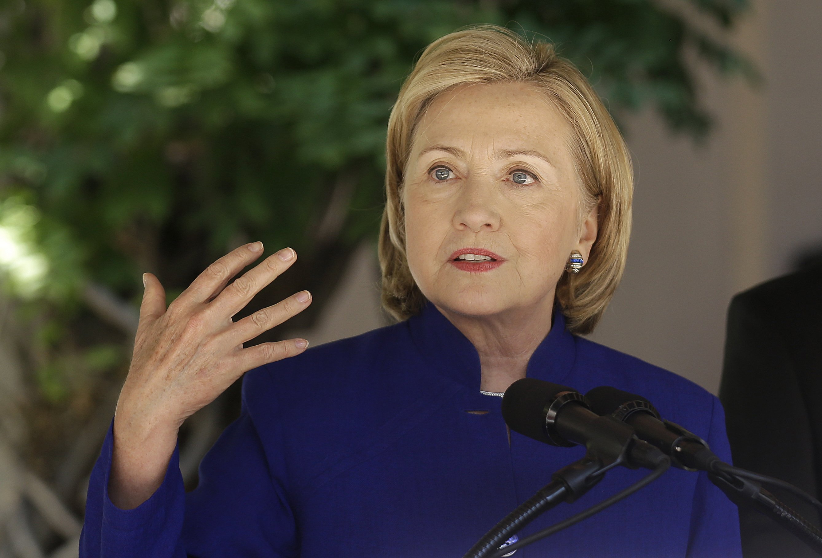 Former U.S. Secretary of State Hillary Clinton speaks at Children's Hospital Oakland Research Institute (CHORI) to launch a community campaign to encourage parents to talk, sing and read to their young children in Oakland, Calif on July 23, 2014.