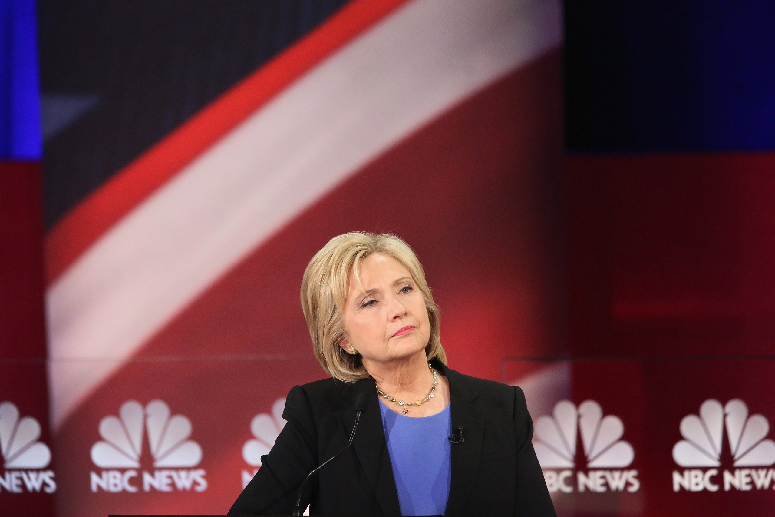 CHARLESTON, SC - JANUARY 17: Democratic presidential candidate Hillary Clinton participates in the Democratic Candidates Debate hosted by NBC News and YouTube on January 17, 2016 in Charleston, South Carolina. This is the final debate for the Democratic 