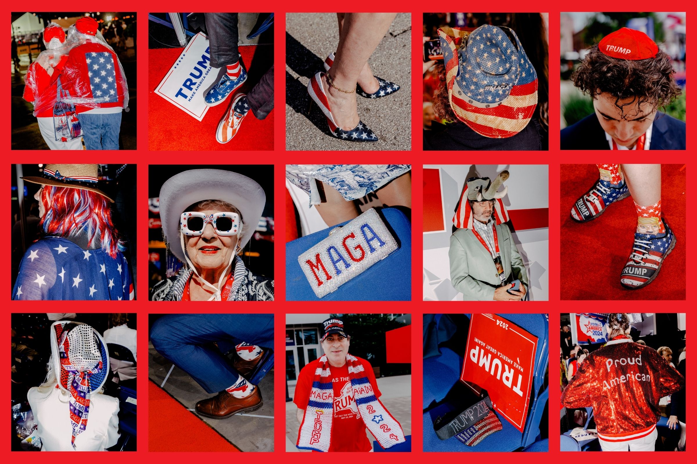 Details of different outfits and accessories worn by attendees of the 2024 Republican National Convention in Milwaukee, Wis.