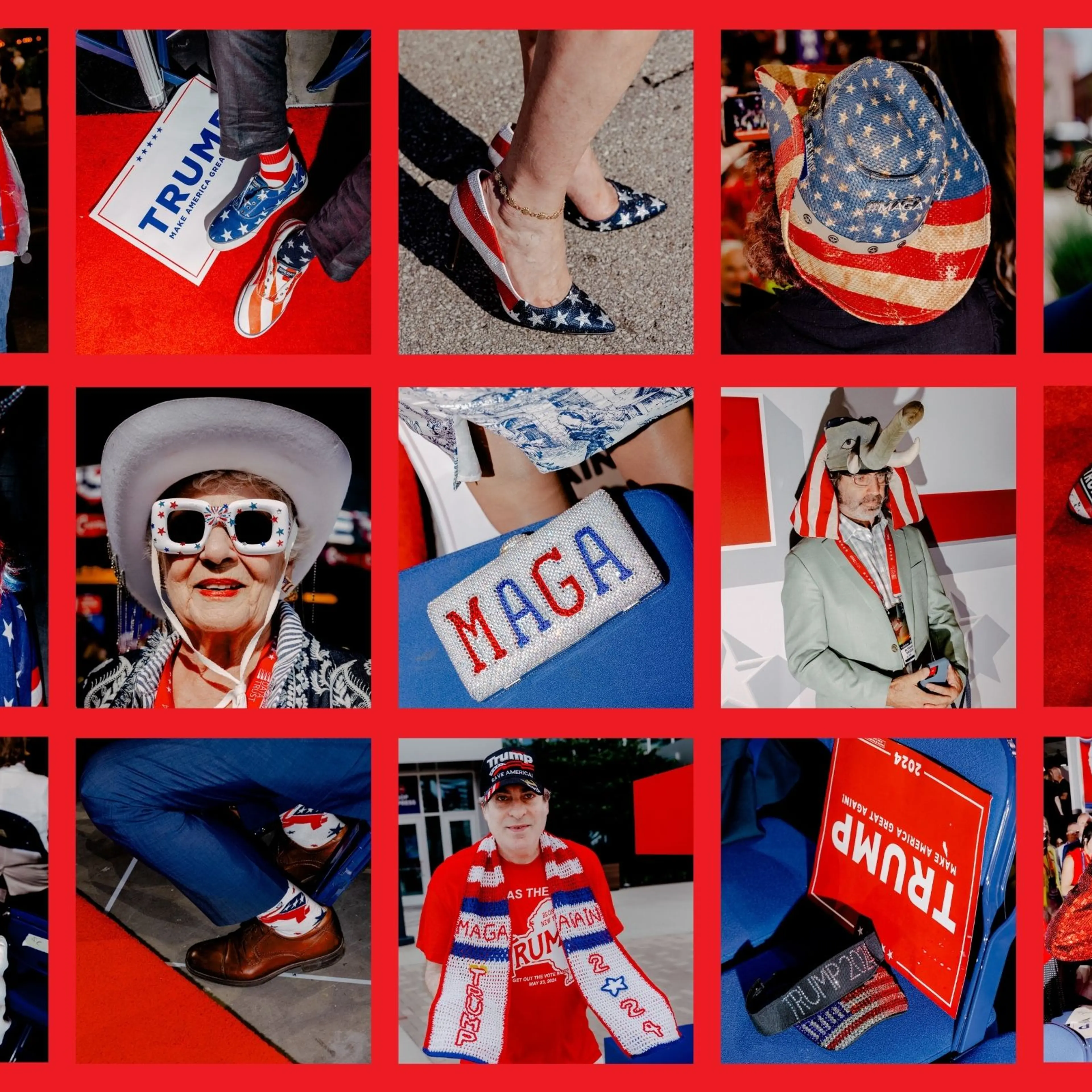 Details of different outfits and accessories worn by attendees of the 2024 Republican National Convention in Milwaukee, Wis.