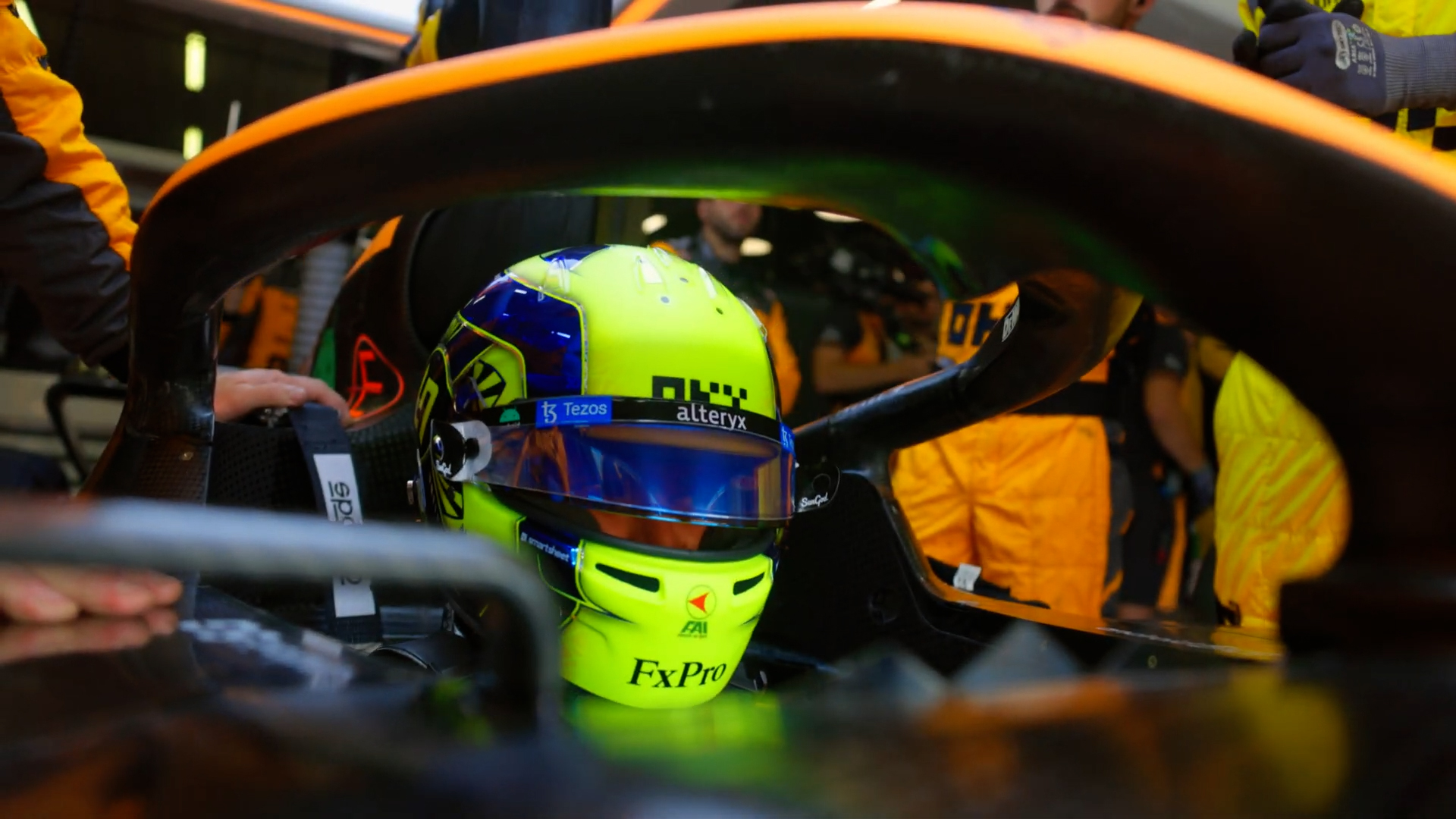 Lando Norris of the McLaren Formula 1 Team preps to head out on track for a free practice session at Circuit de Barcelona-Catalunya on Feb. 20, 2022.