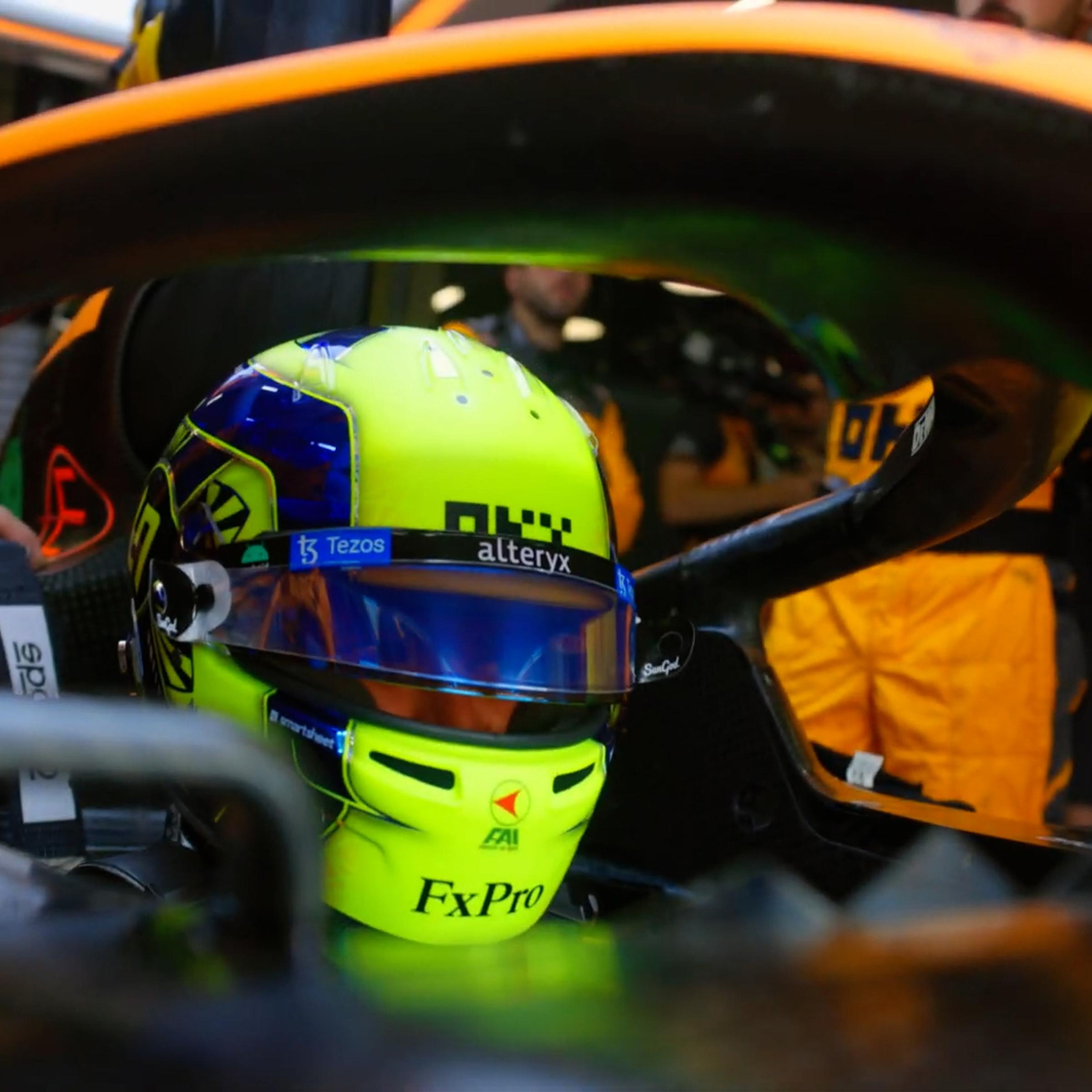 Lando Norris of the McLaren Formula 1 Team preps to head out on track for a free practice session at Circuit de Barcelona-Catalunya on Feb. 20, 2022.