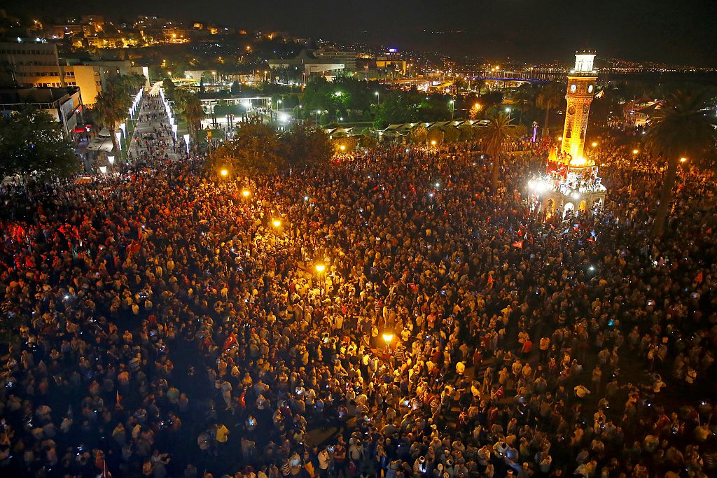 People react against the military coup attempt, in Izmir, Turkey, on July 16, 2016.