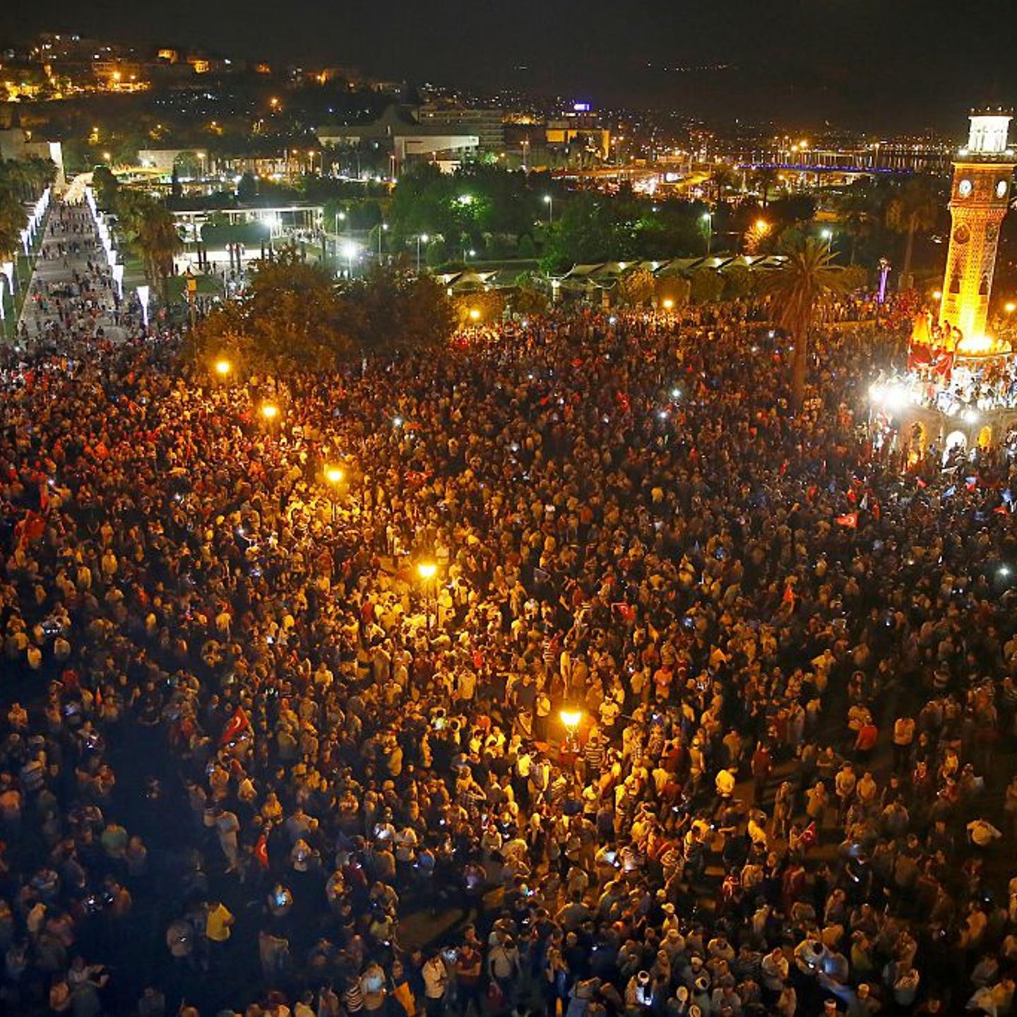 People react against the military coup attempt, in Izmir, Turkey, on July 16, 2016.
