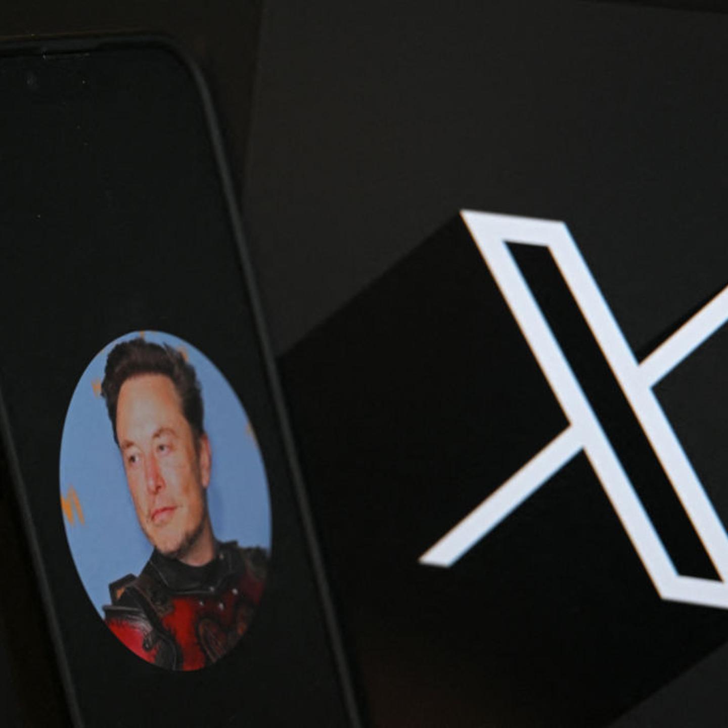 The logo of social network X and a photograph of its CEO Elon Musk, taken on Sept. 27, 2024.