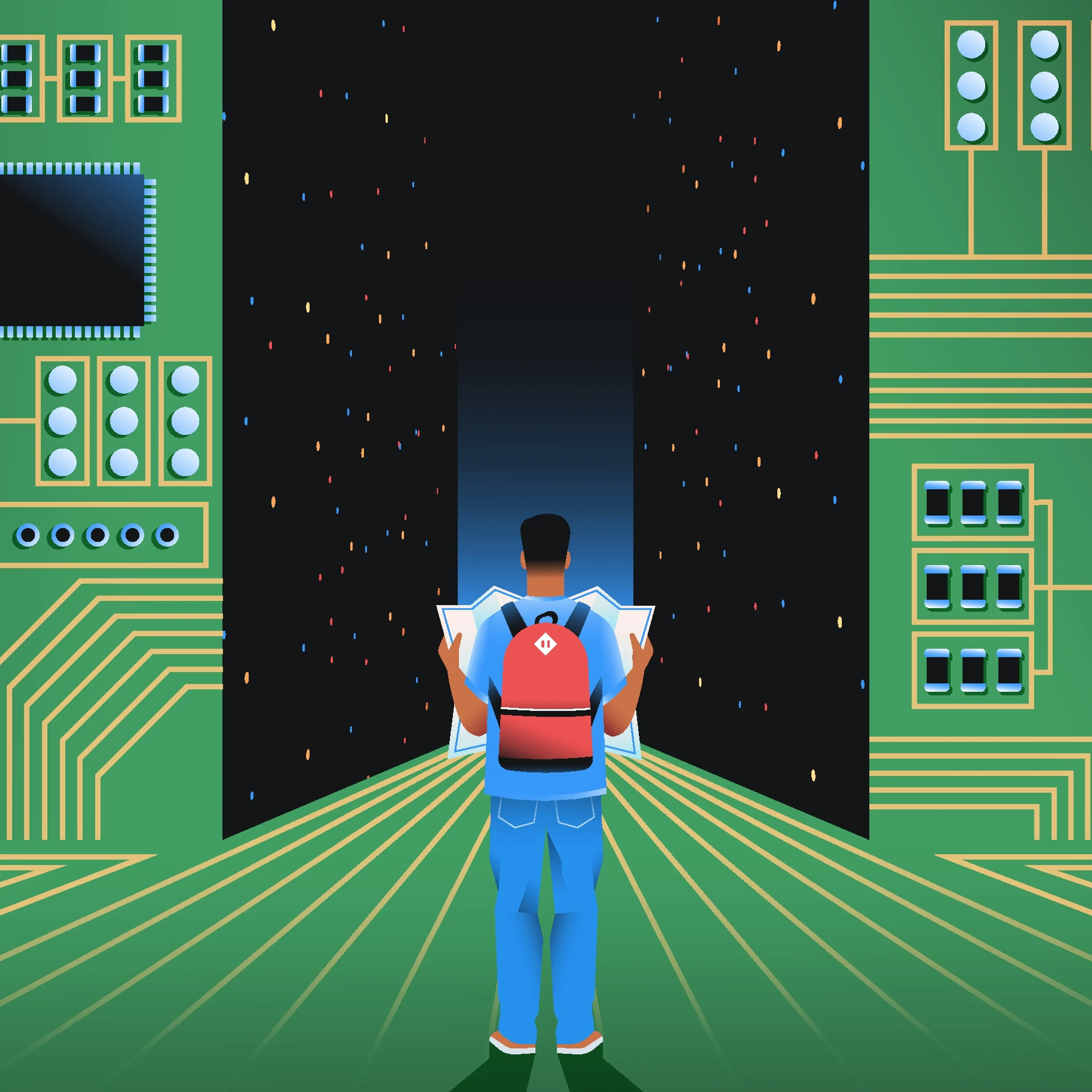 Young man researching tech world illustration