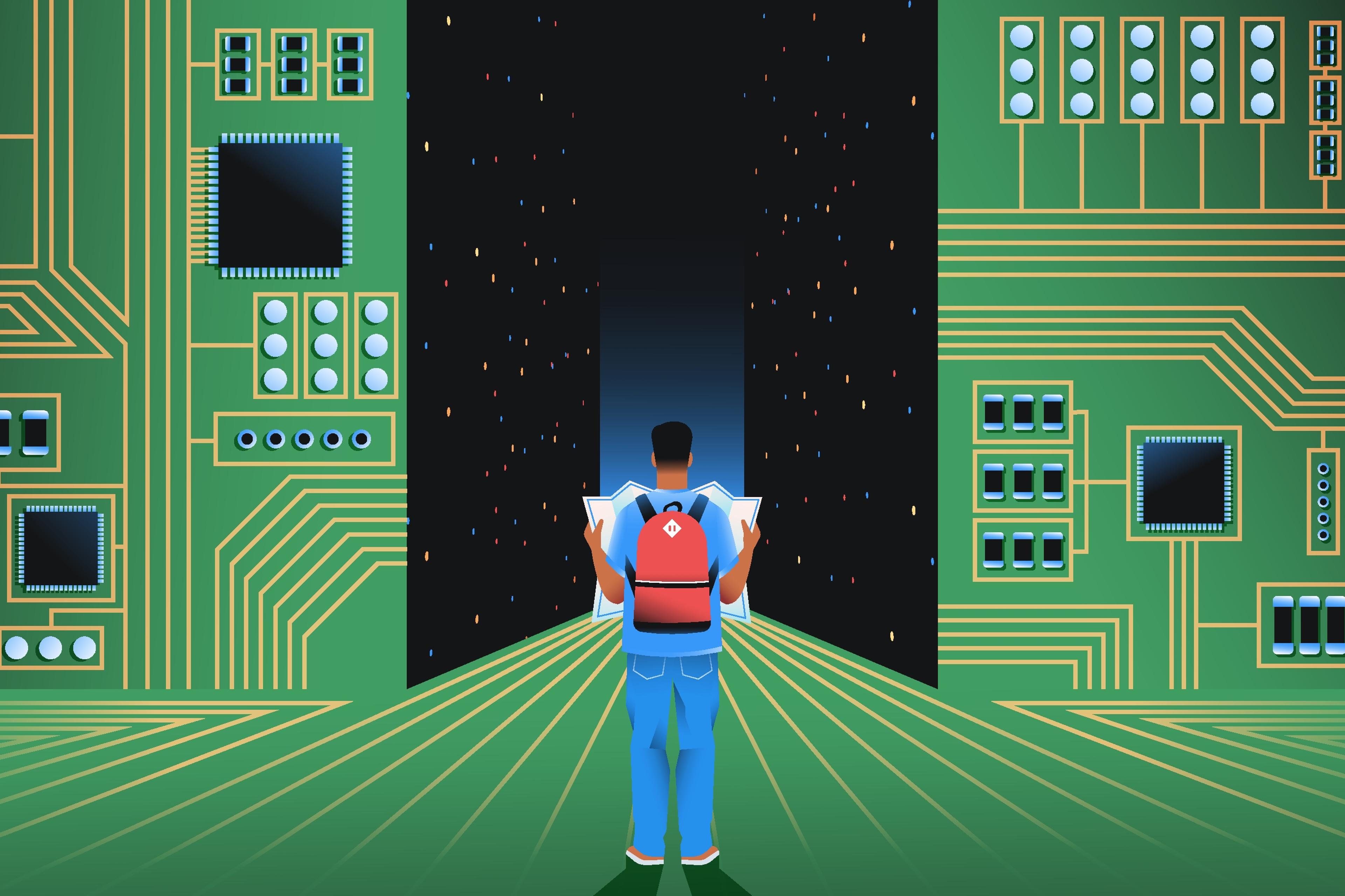 Young man researching tech world illustration