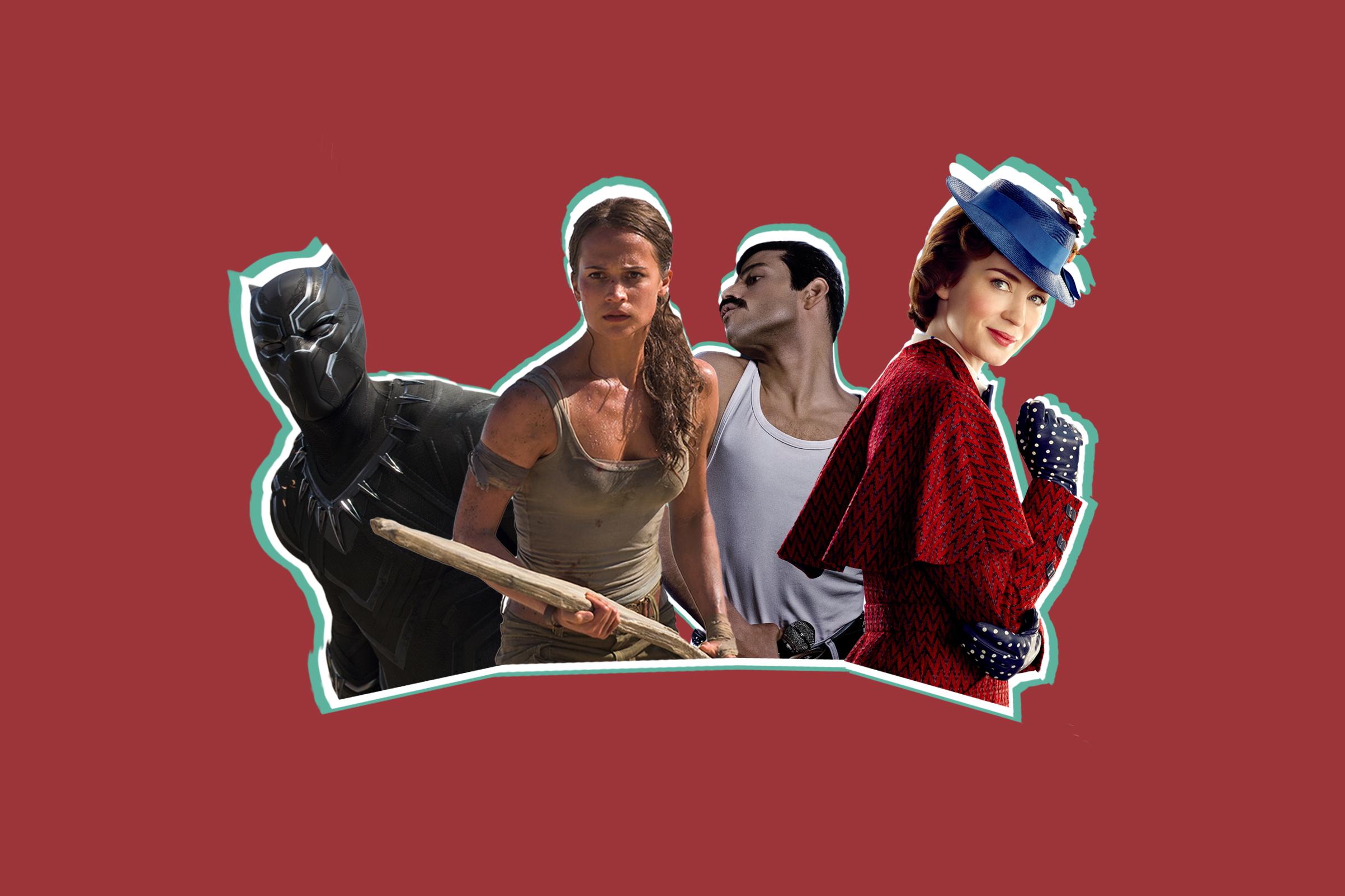 Chadwick Boseman in 'Black Panther', Alicia Vikander in 'Tomb Raider', Rami Malek in 'Bohemian Rhapsody' and Emily Blunt in 'Mary Poppins Returns'.