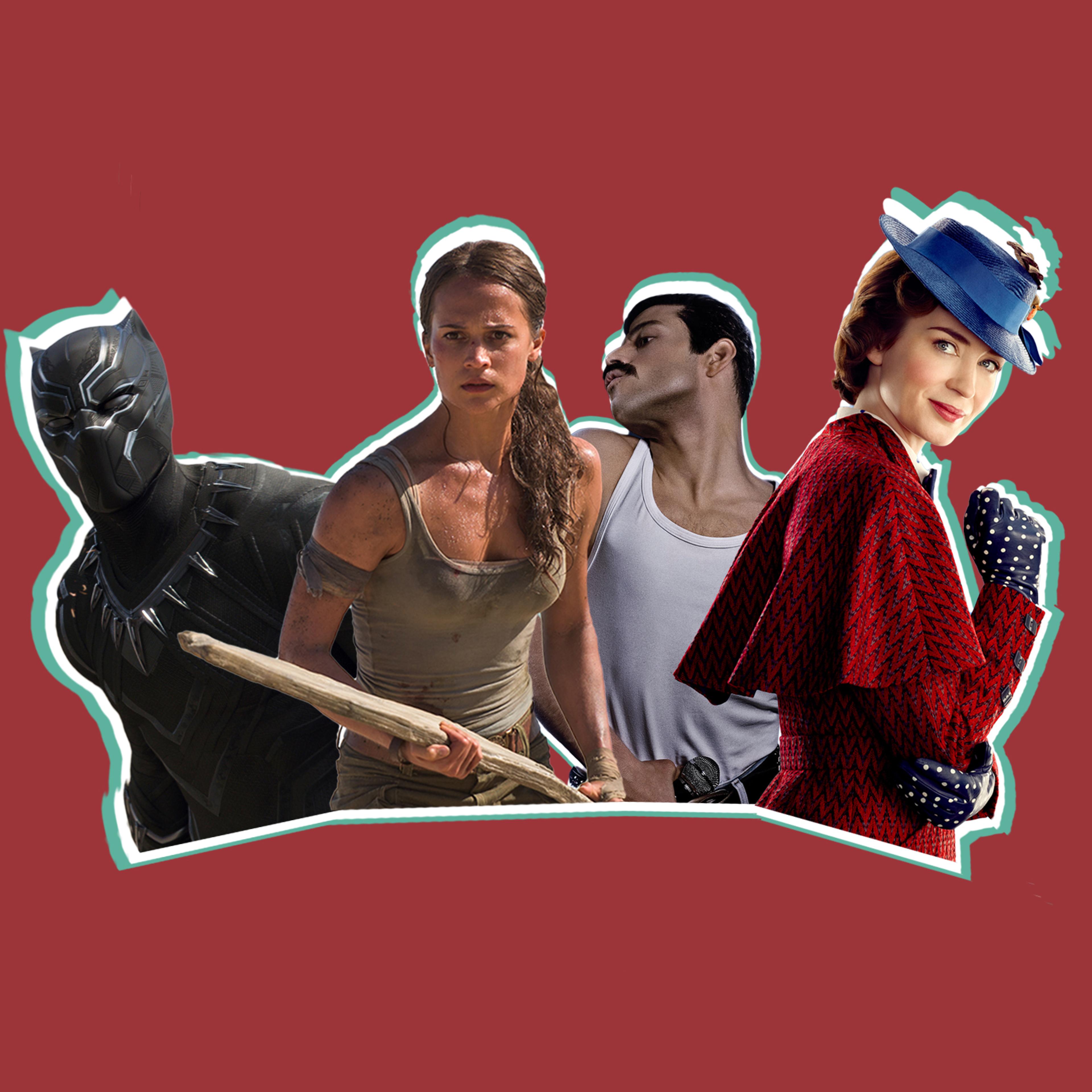 Chadwick Boseman in 'Black Panther', Alicia Vikander in 'Tomb Raider', Rami Malek in 'Bohemian Rhapsody' and Emily Blunt in 'Mary Poppins Returns'.