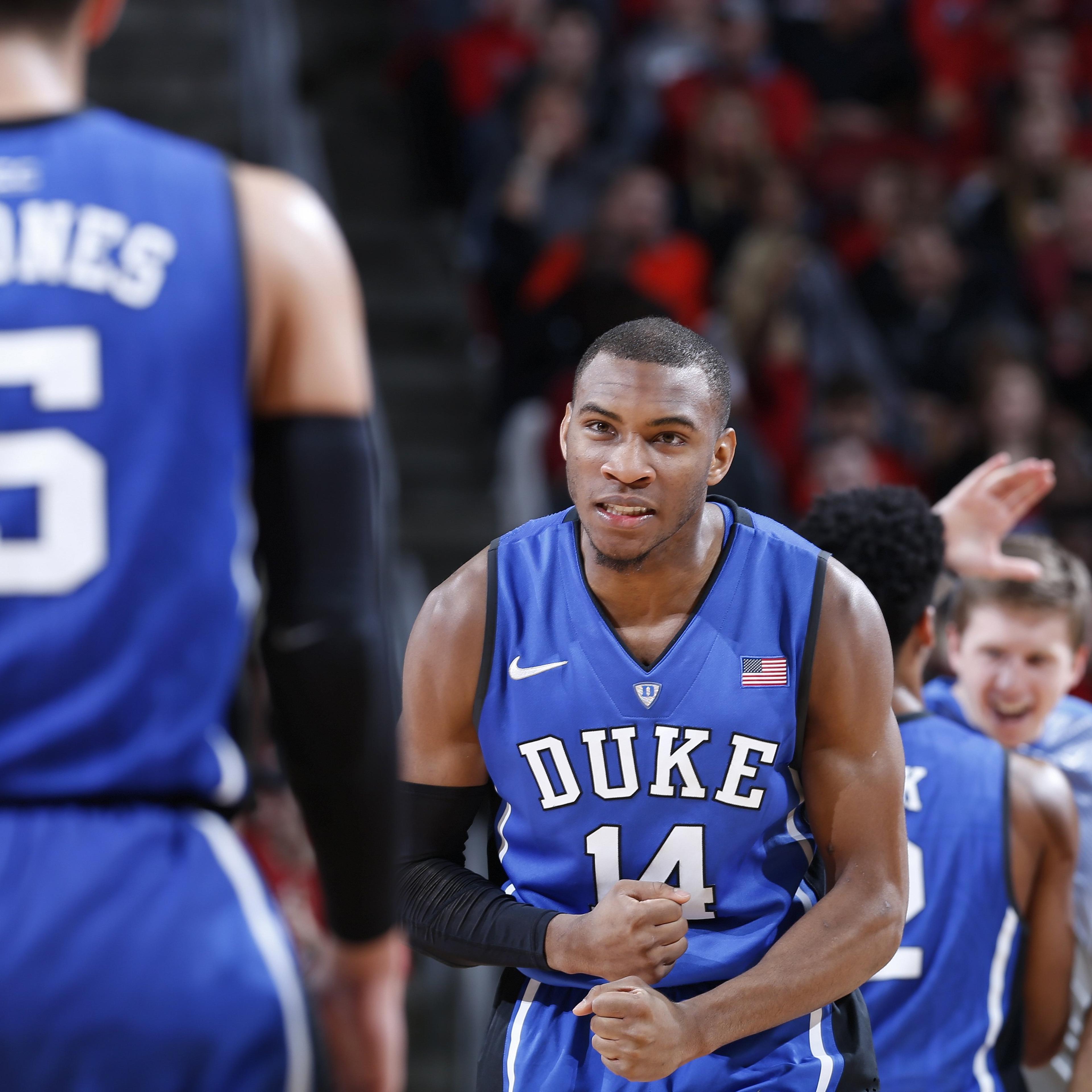 Rasheed Sulaimon of the Duke Blue Devils celebrates against the Louisville Cardinals in the first half of the game at KFC Yum! Center on Jan. 17, 2015 in Louisville, Kentucky.